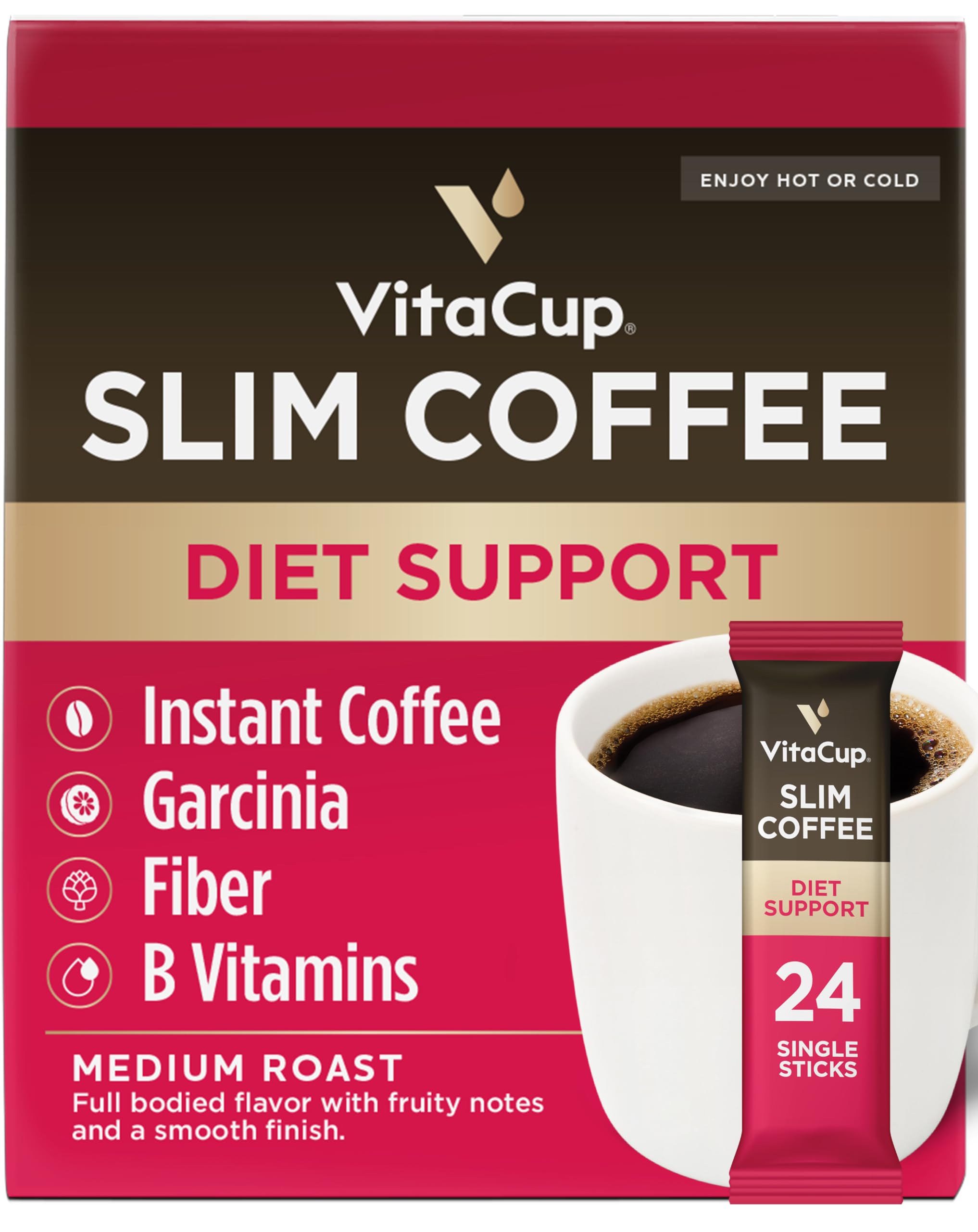 VitaCup front packaging showing 24 slim medium roast sticks for convenient diet support
