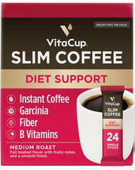 VitaCup front packaging showing 24 slim medium roast sticks for convenient diet support