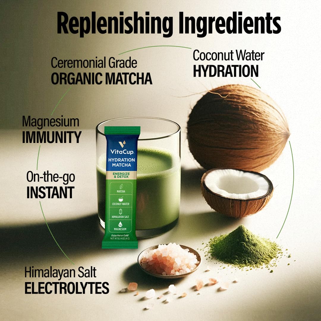 VitaCup mixed matcha in glass demonstrating smooth froth and easy hydration