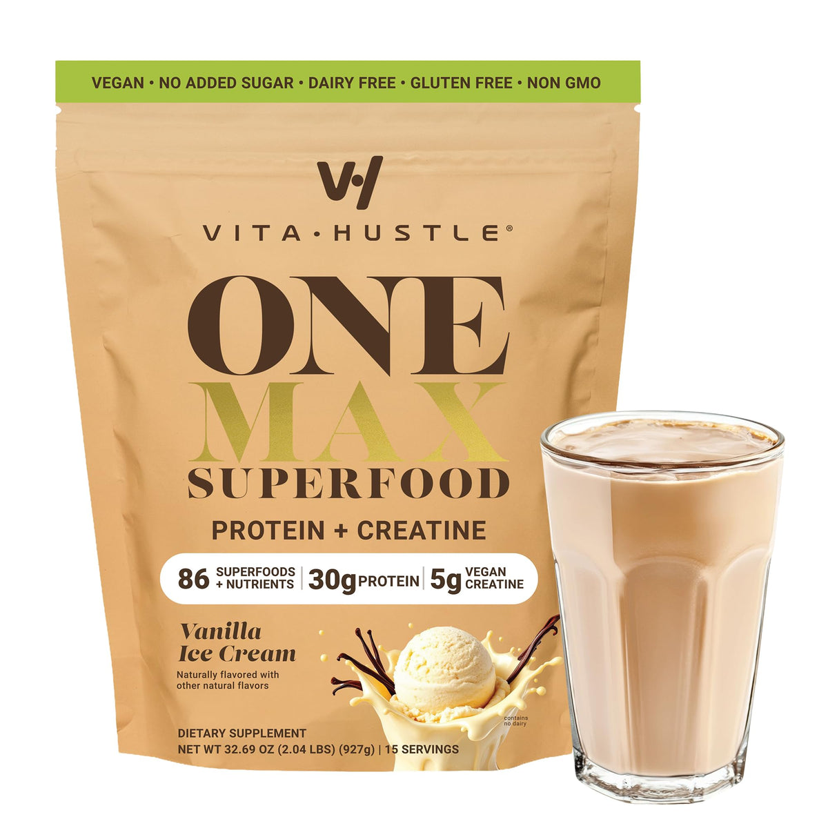 VitaHustle ONE Max front packaging showing product and servings benefit