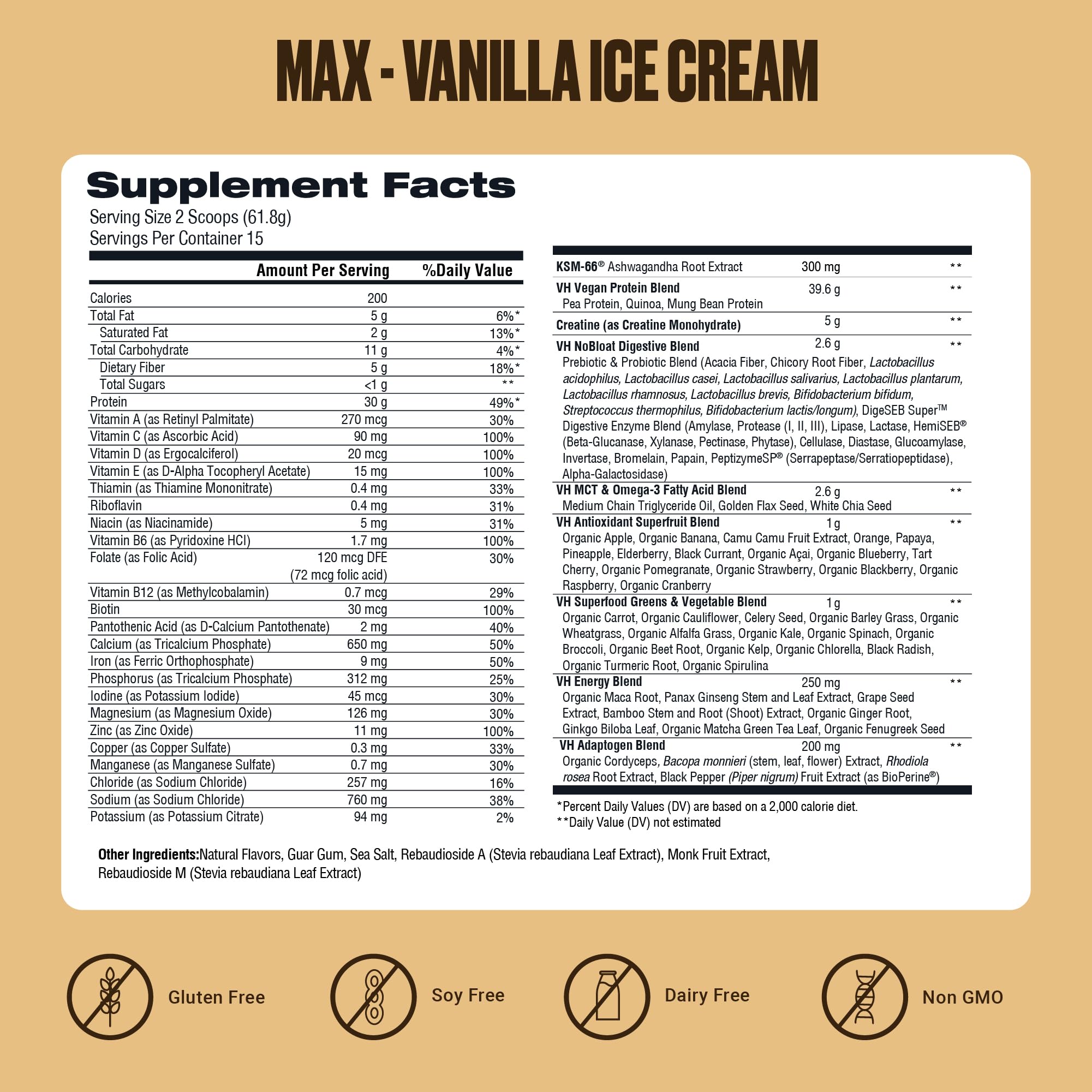 VitaHustle ONE Max label close-up featuring ingredients and transparency benefit
