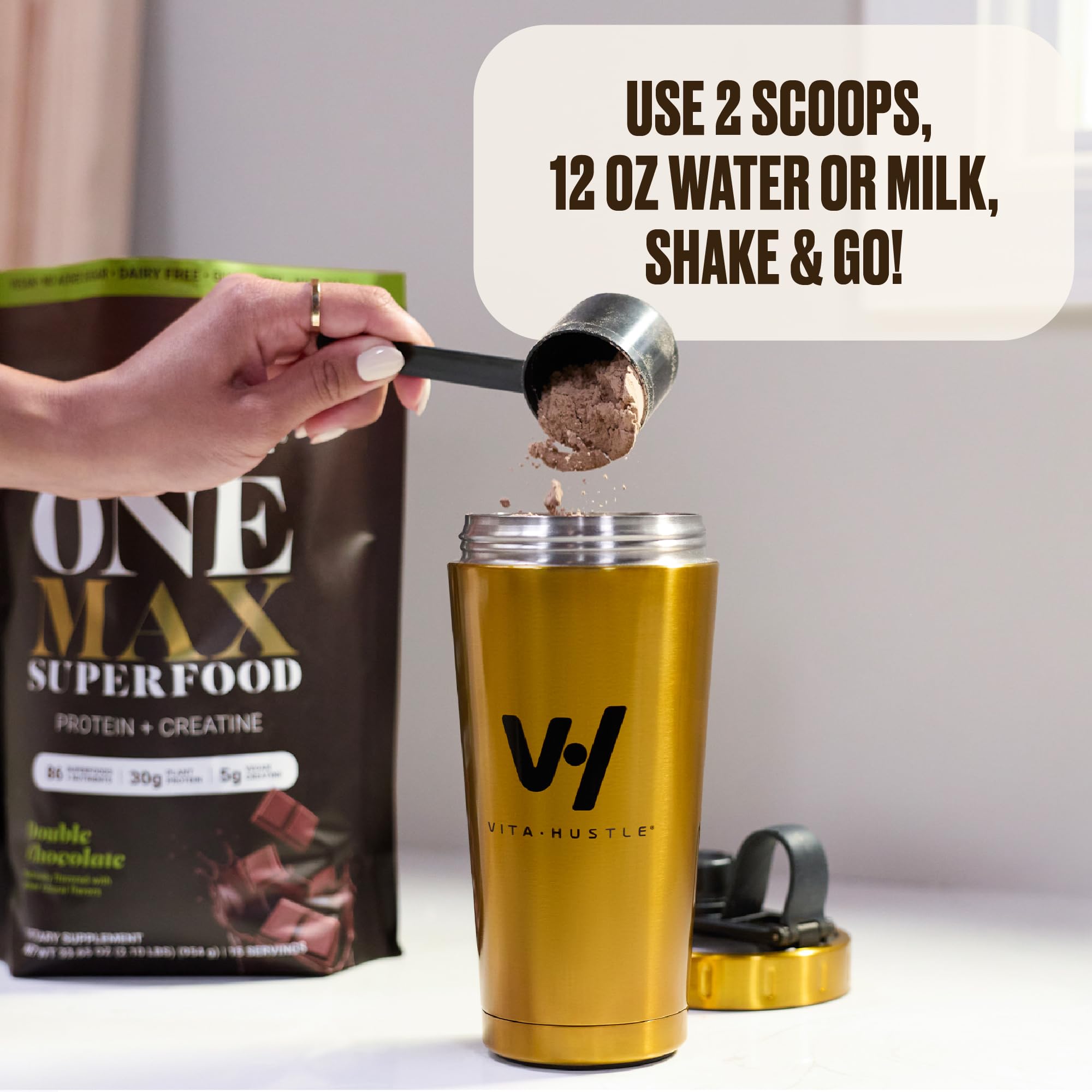 VitaHustle ONE Max mixed shake in glass showing creamy texture benefit