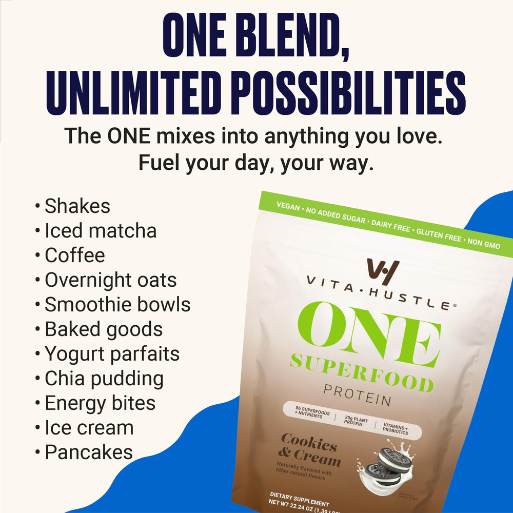 VitaHustle bag next to common items showing scale and 15-serving size