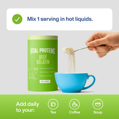 Vital Proteins spoonful of powder over bowl, demonstrates simple measuring benefit