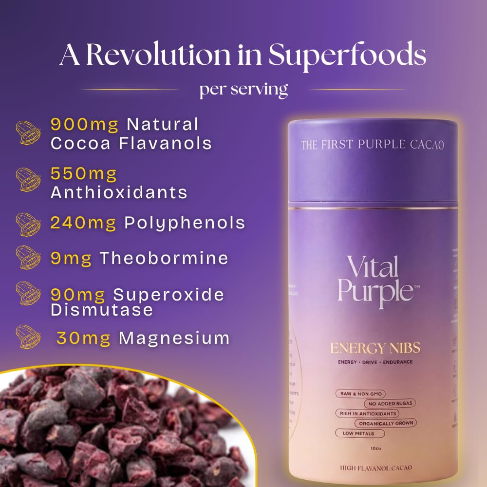 Vital Purple close-up of purple cacao nibs texture delivering crunchy nutrient-dense bite