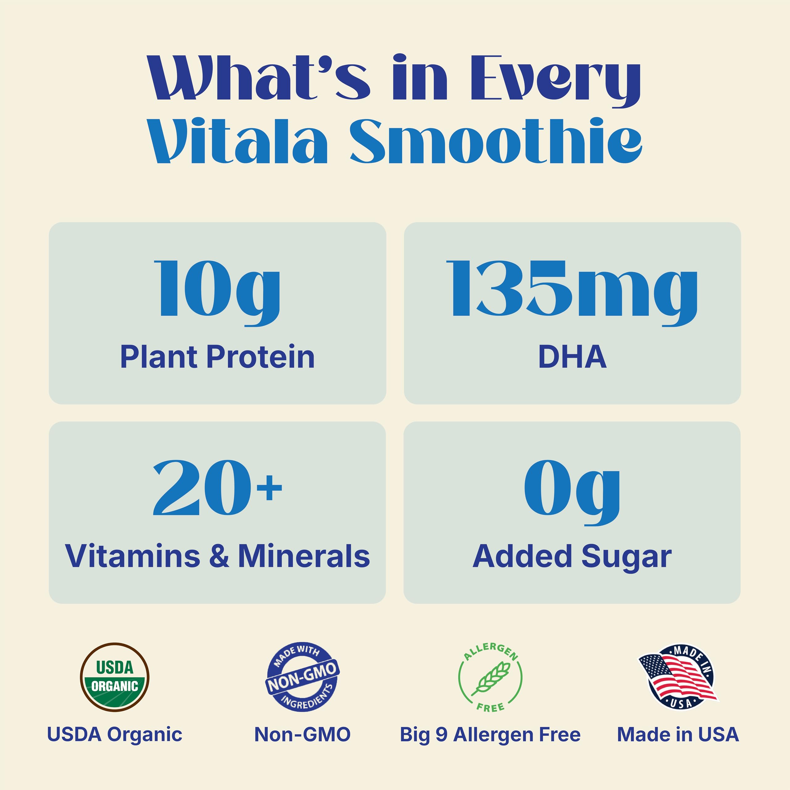 Vitala nutrition label closeup showing protein and DHA content