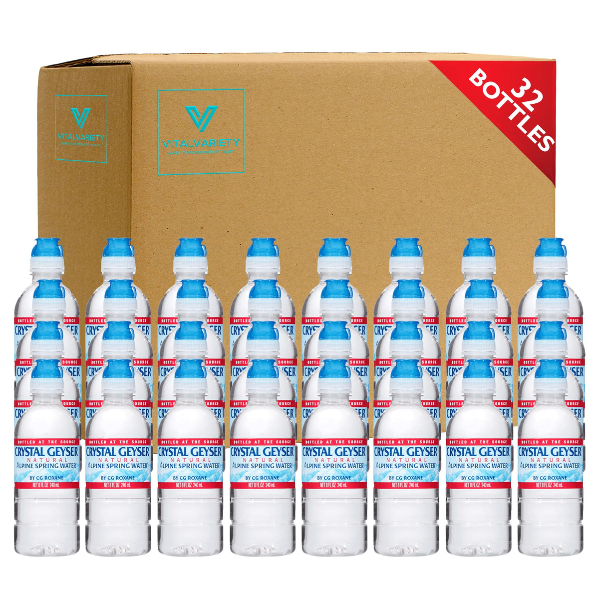 VITALVARIETY front packaging view showing compact 8oz bottles and sports caps for easy transport