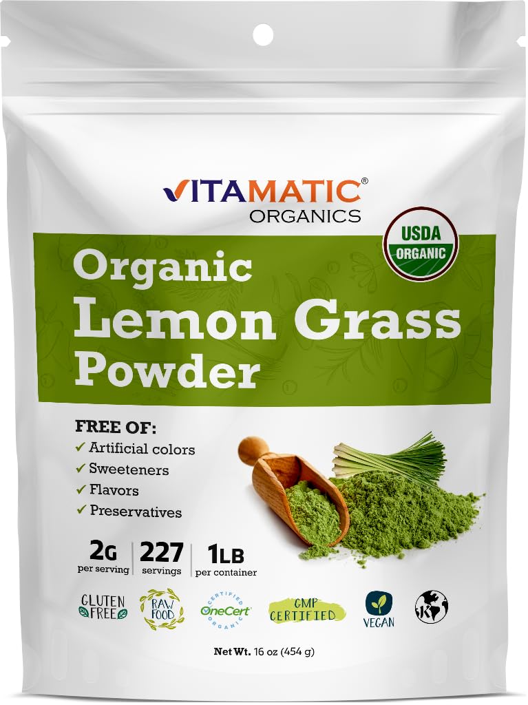 Vitamatic front packaging showing 1 lb organic lemongrass powder, clear label benefit