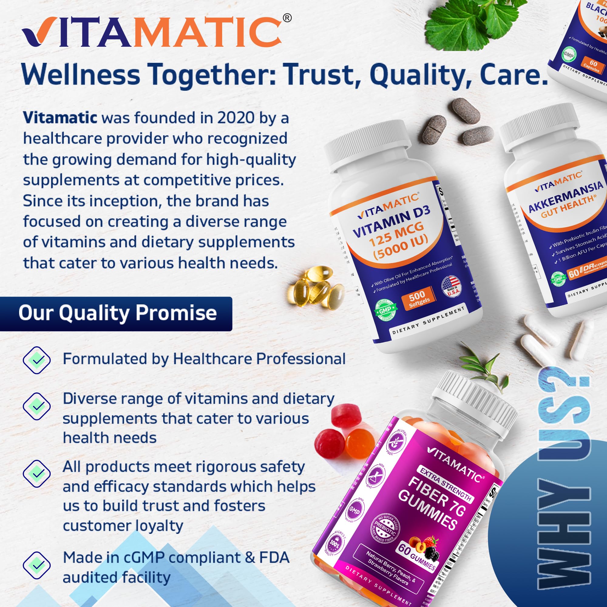 back of Vitamatic packaging with ingredient and manufacturing details for quality transparency