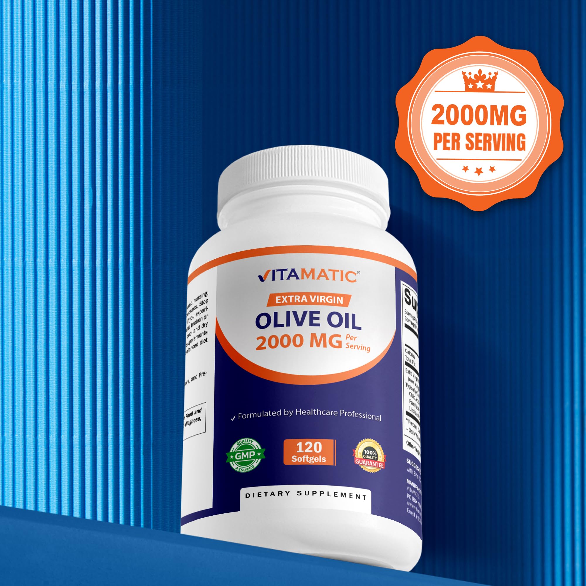 hand holding two Vitamatic softgels to show true size and convenient daily serving