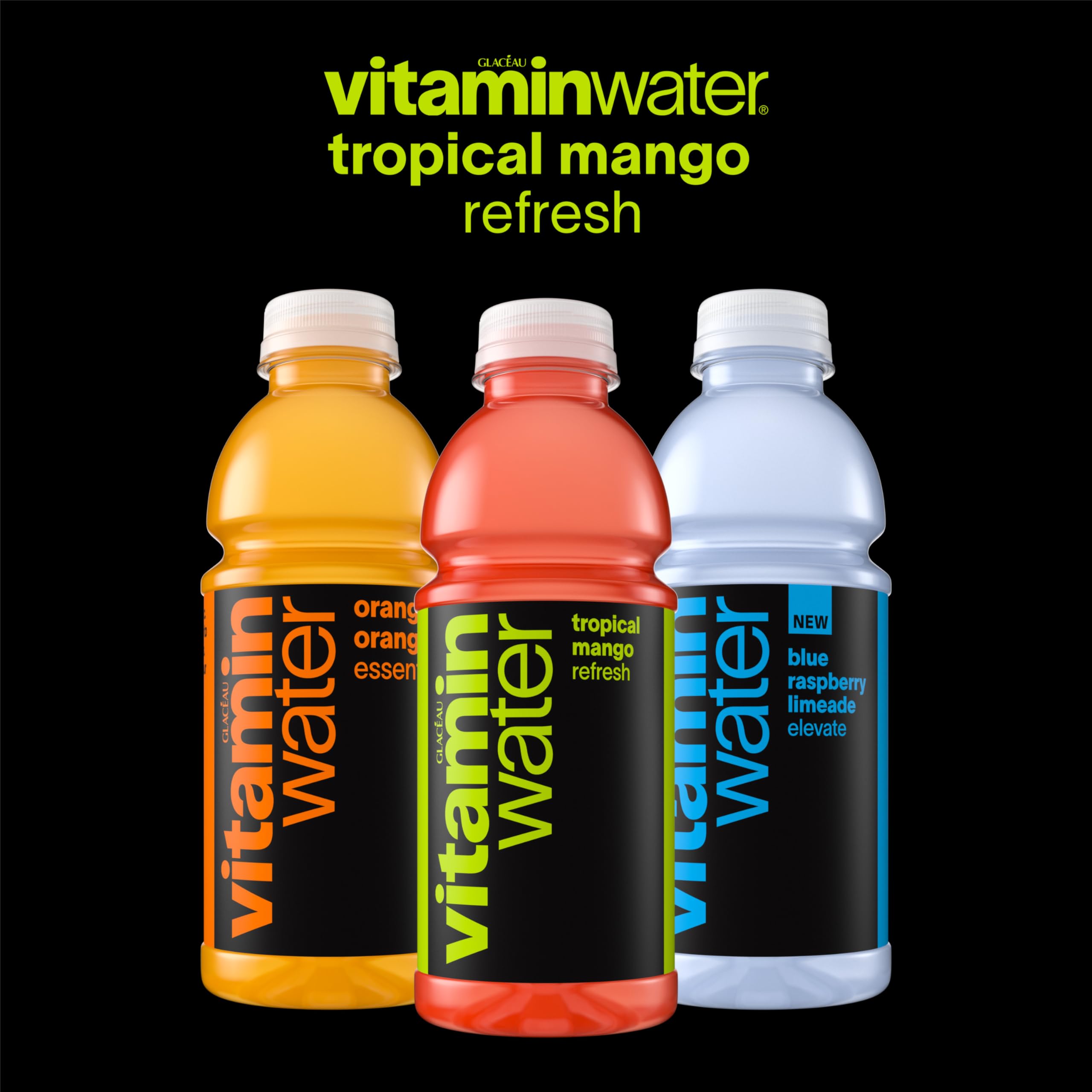 condensation droplets on vitaminwater refresh bottle suggesting cold, refreshing taste