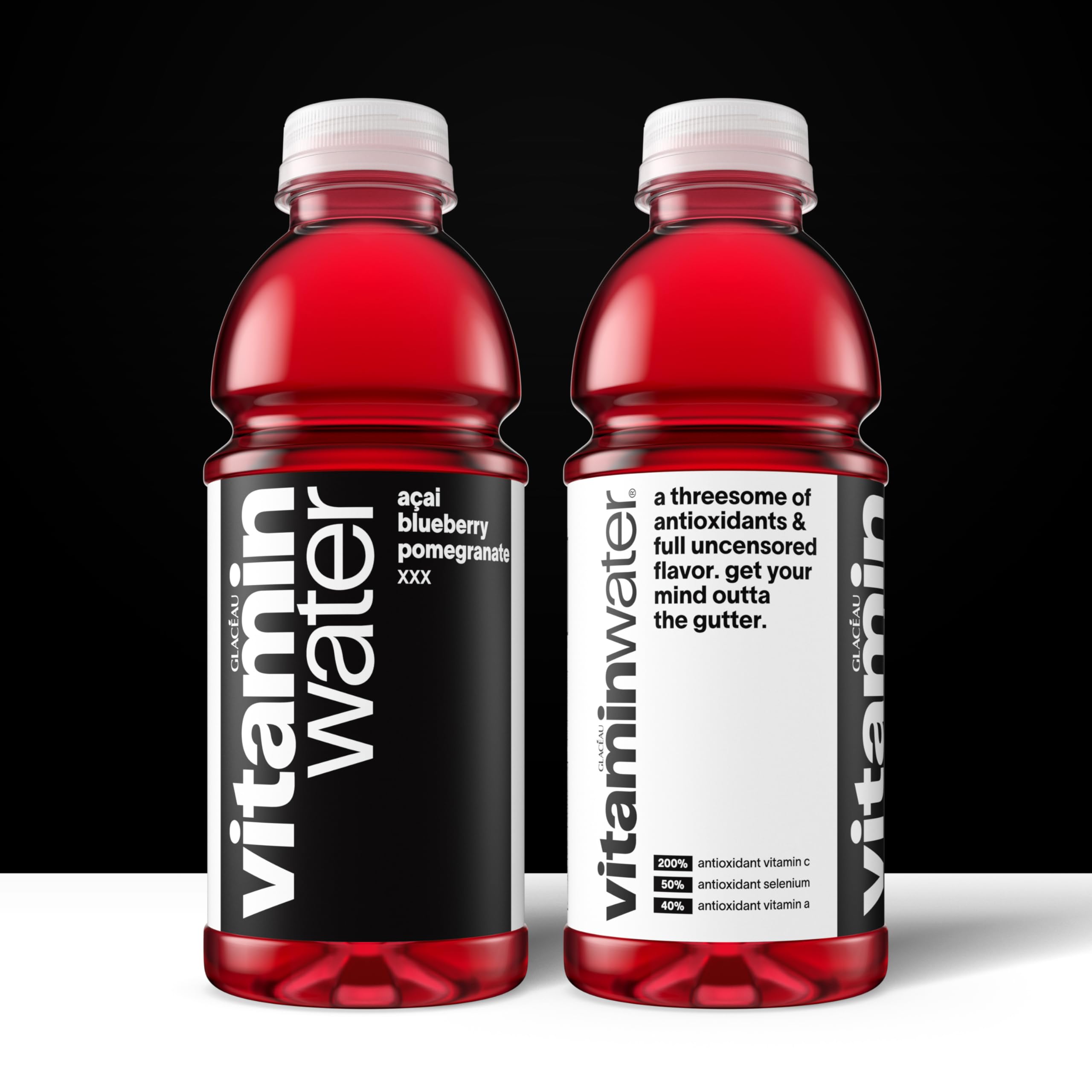vitaminwater XXX close-up label highlighting vitamin and antioxidant information