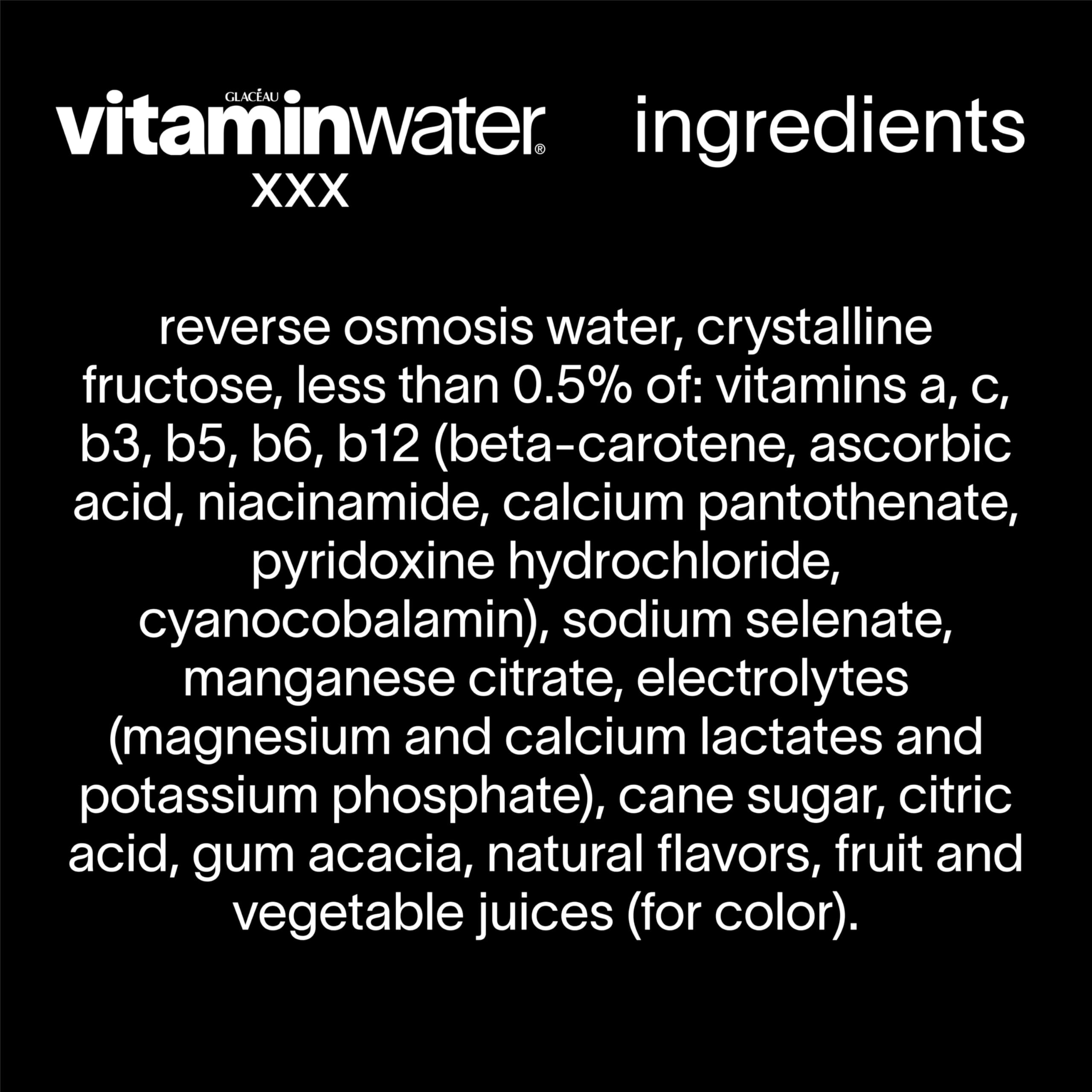 vitaminwater XXX beside acai blueberry pomegranate fruits showing natural flavor cues