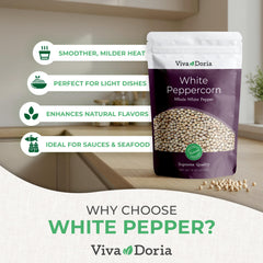 Viva Doria whole white peppercorns close-up highlighting uniform size and fresh aroma
