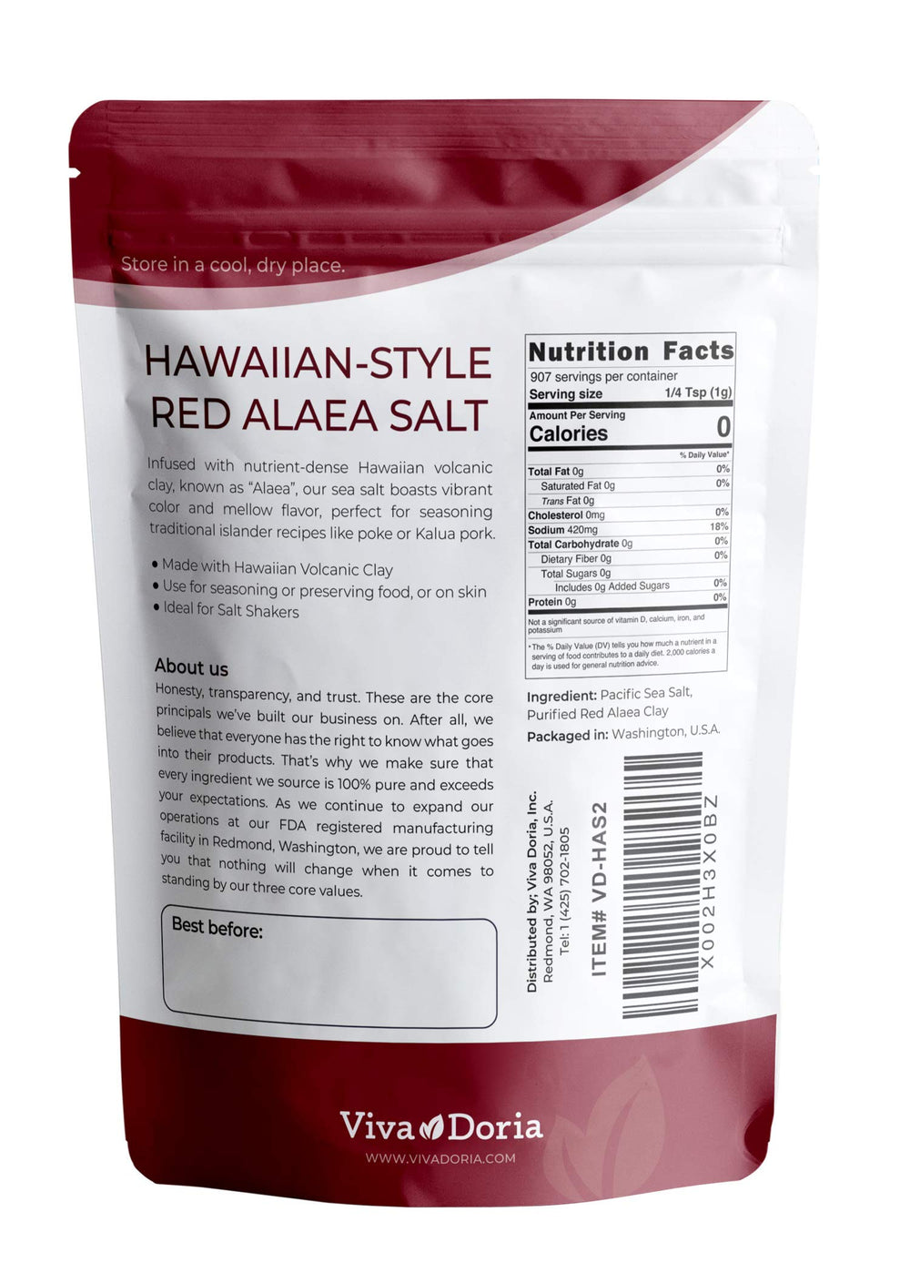 Viva Doria salt crystal close-up highlights red alaea texture and natural mineral-rich benefit