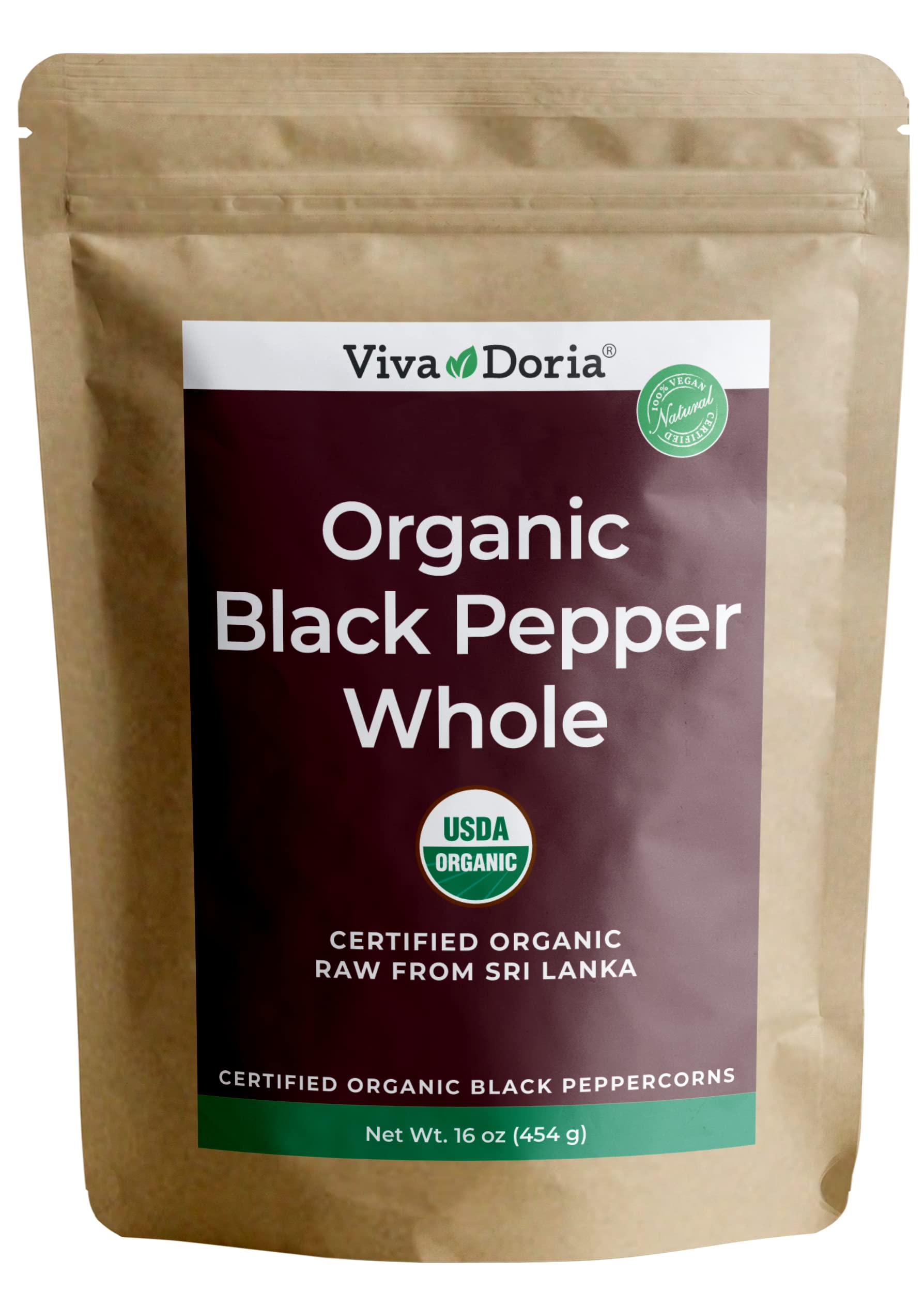 Viva Doria front packaging of 16 oz organic Ceylon peppercorns, keeps flavor fresh