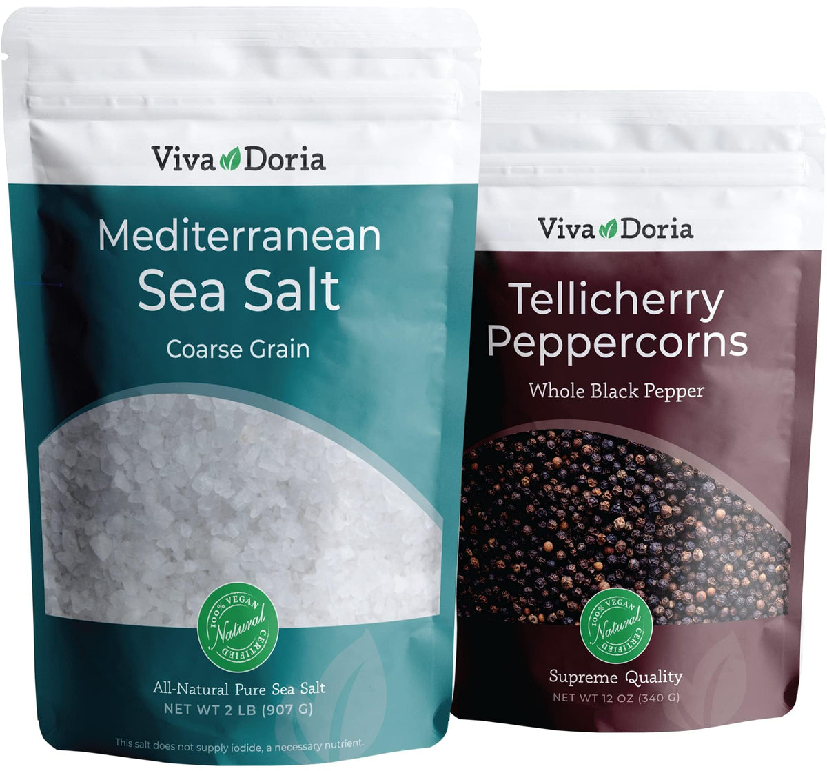 Viva Doria front packaging showing both peppercorns and sea salt for pantry appeal
