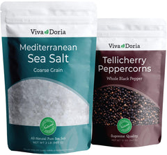 Viva Doria front packaging showing both peppercorns and sea salt for pantry appeal