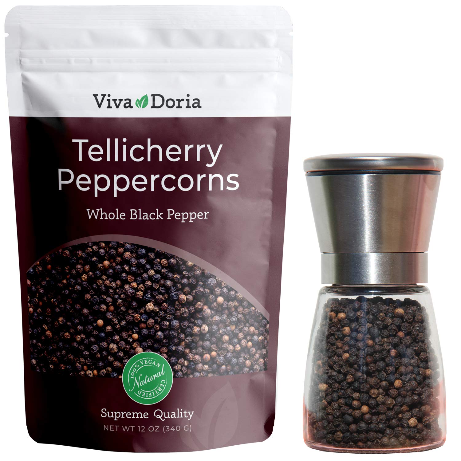 Viva Doria pouch front packaging showing peppercorns and grinder, highlights freshness