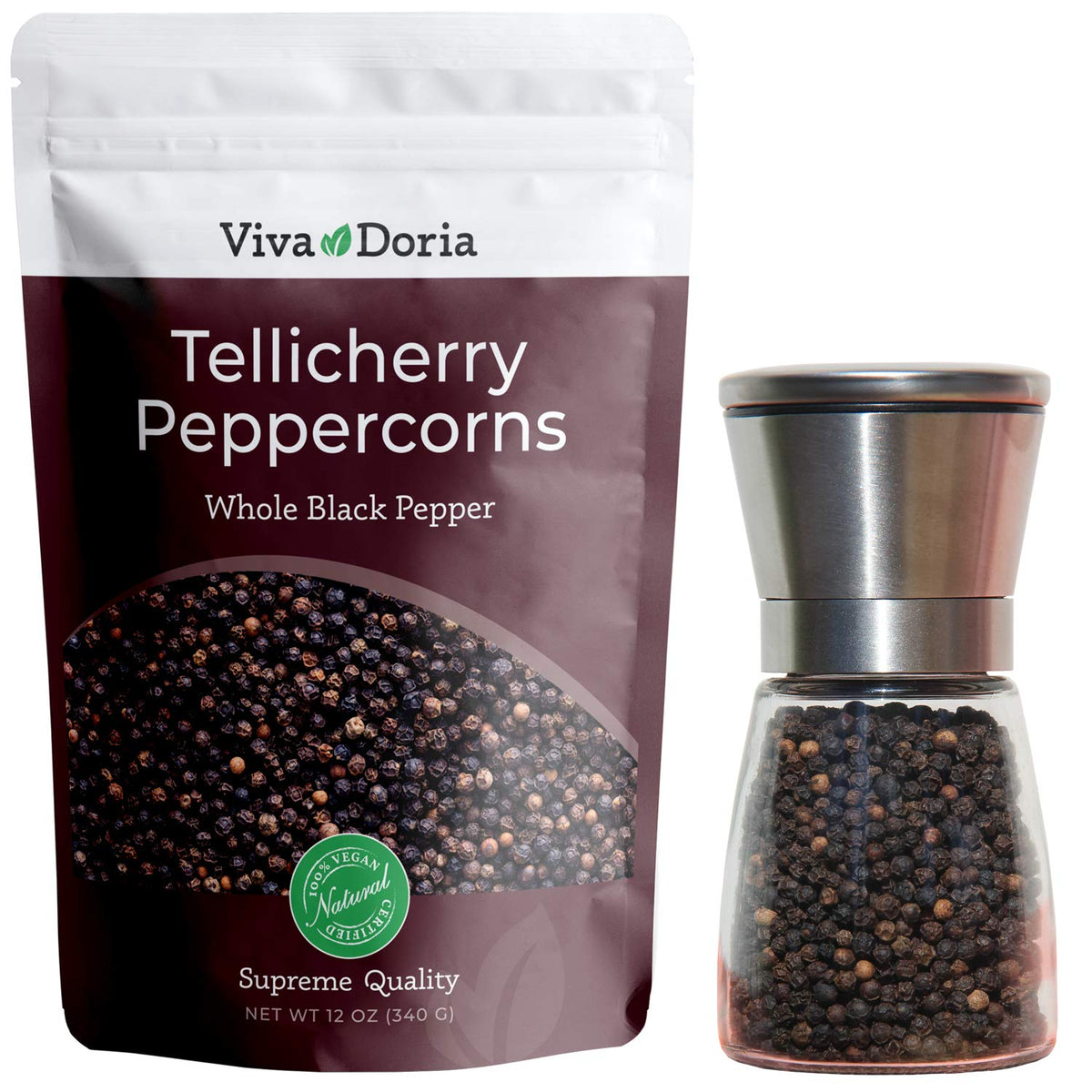 Viva Doria pouch front packaging showing peppercorns and grinder, highlights freshness