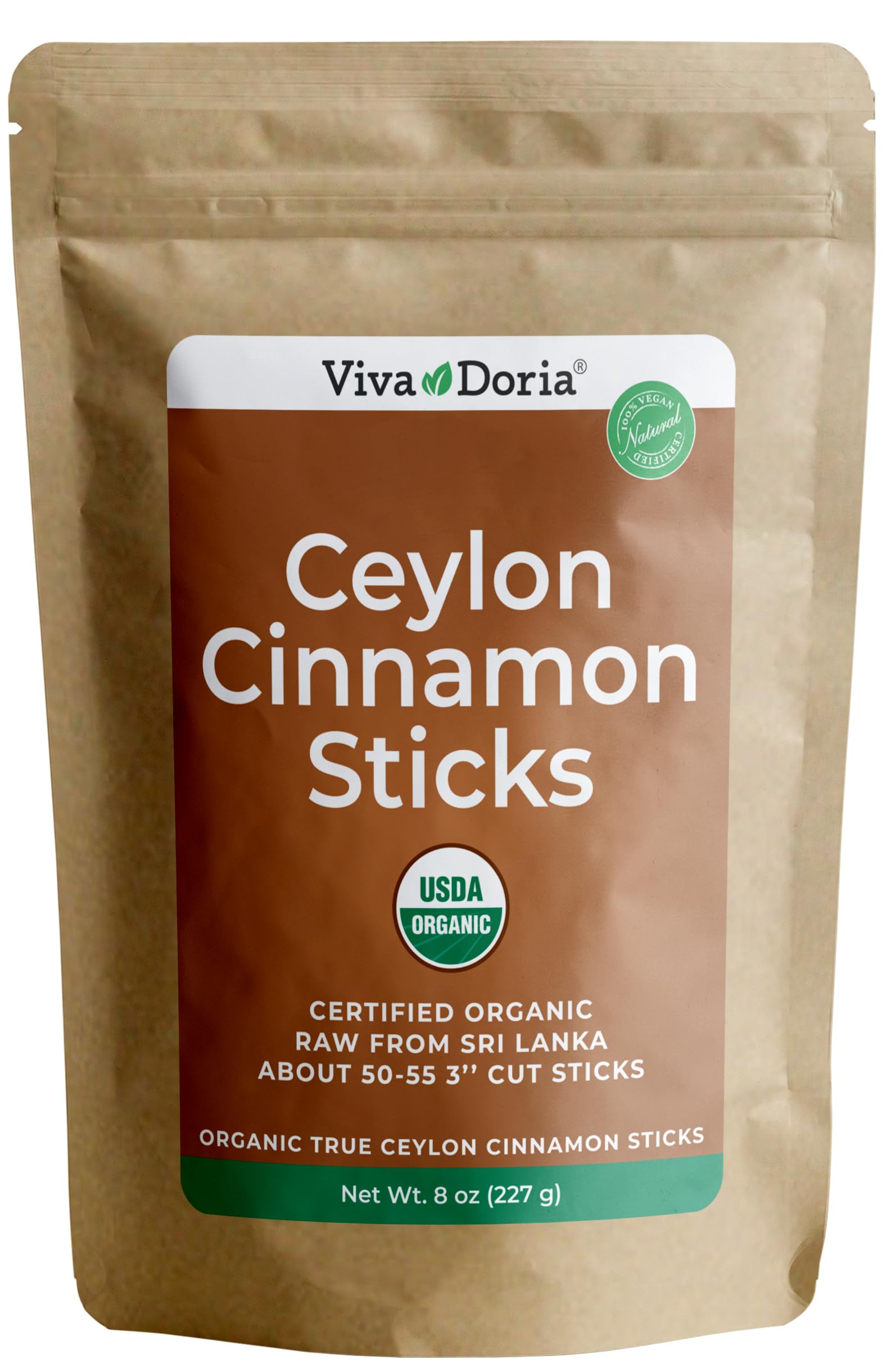 Viva Doria front packaging resealable pouch shows 3-inch cinnamon sticks and clear labeling benefit freshness