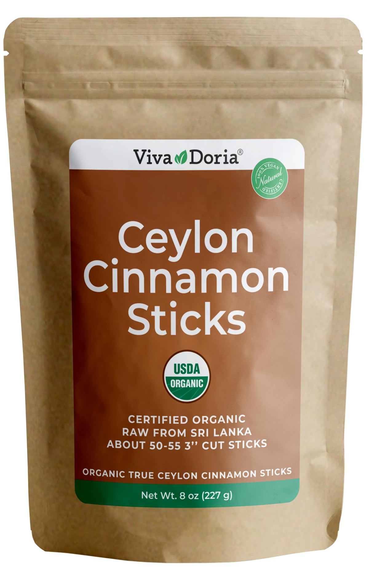 Viva Doria front packaging resealable pouch shows 3-inch cinnamon sticks and clear labeling benefit freshness