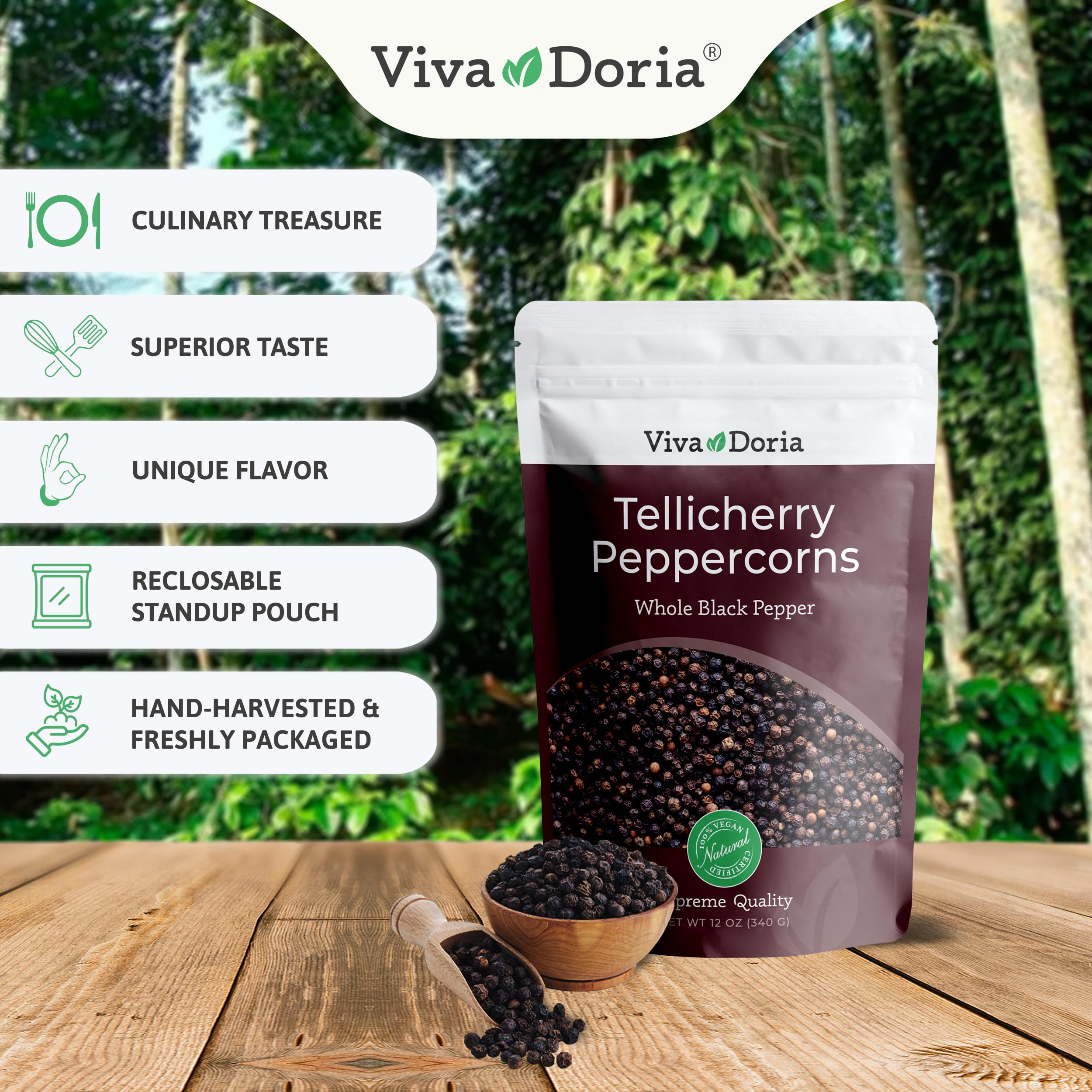 Viva Doria stainless steel grinder in use producing fresh-ground pepper, enhances flavor
