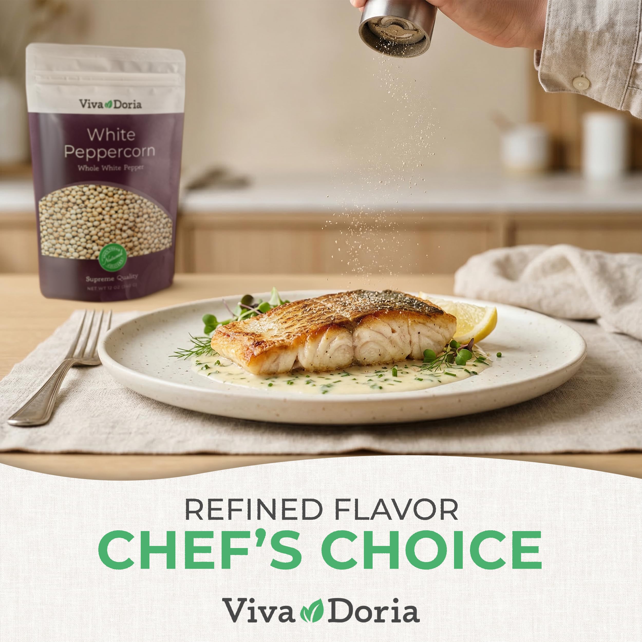 Viva Doria peppercorns being poured into a grinder demonstrating simple refill benefit