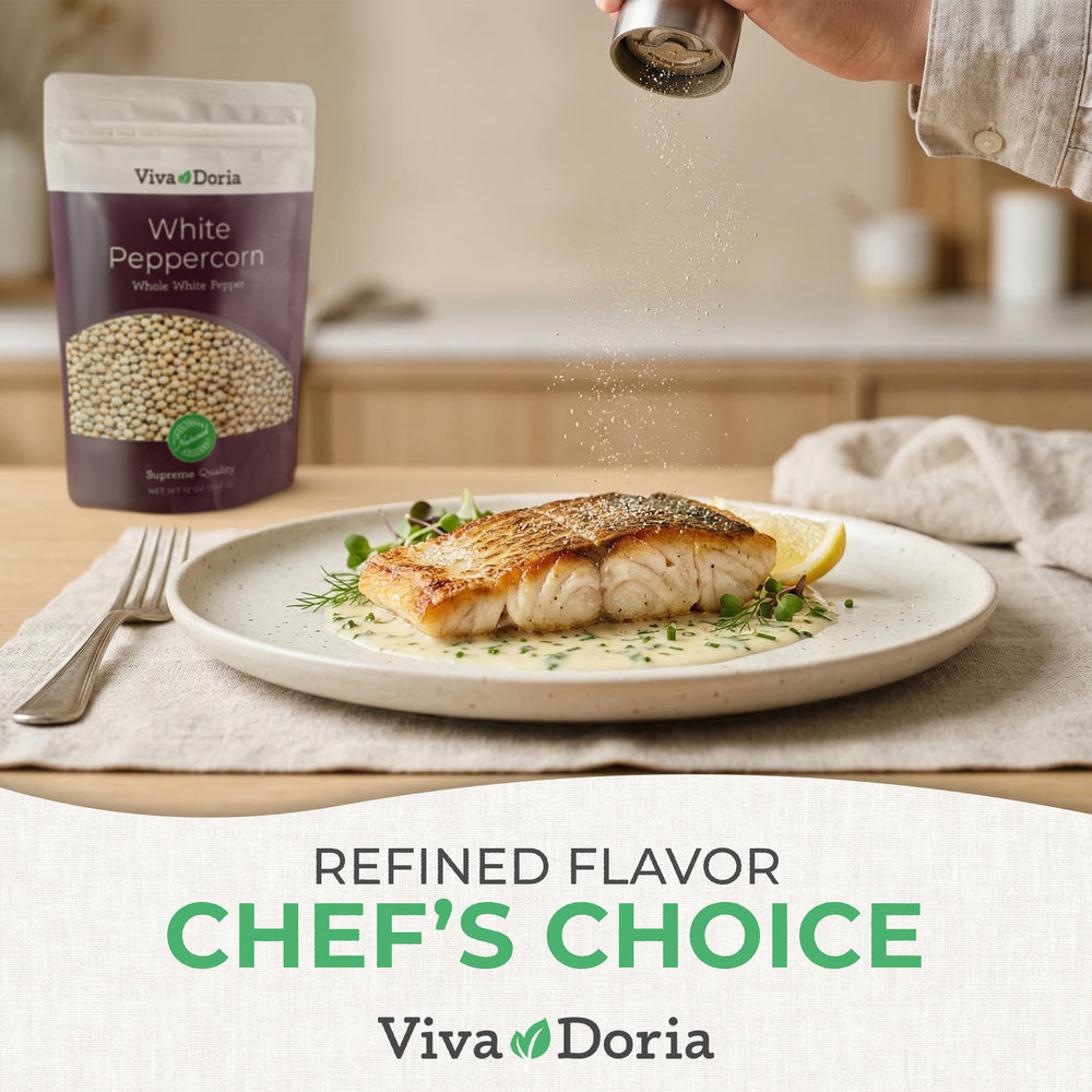 Viva Doria peppercorns being poured into a grinder demonstrating simple refill benefit