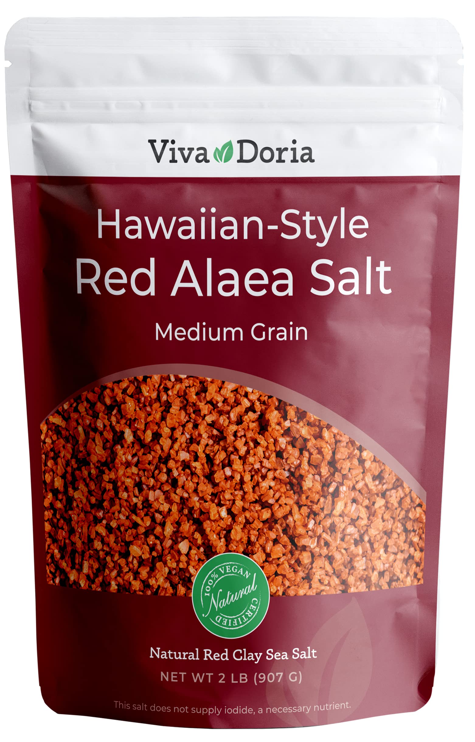 Viva Doria front pouch view showing red alaea salt and resealable pouch benefit