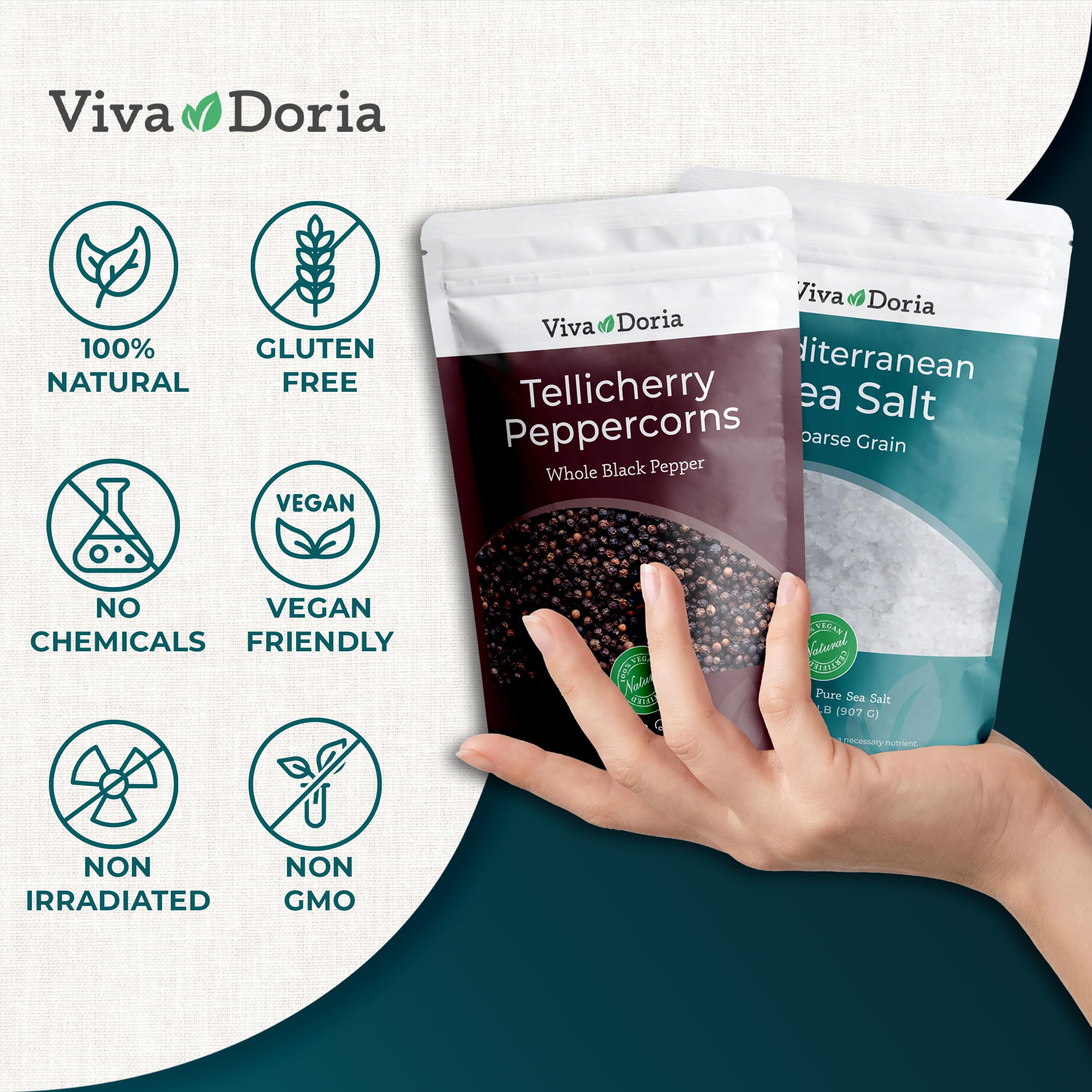 Viva Doria pouch beside common items showing portion size and supply advantage