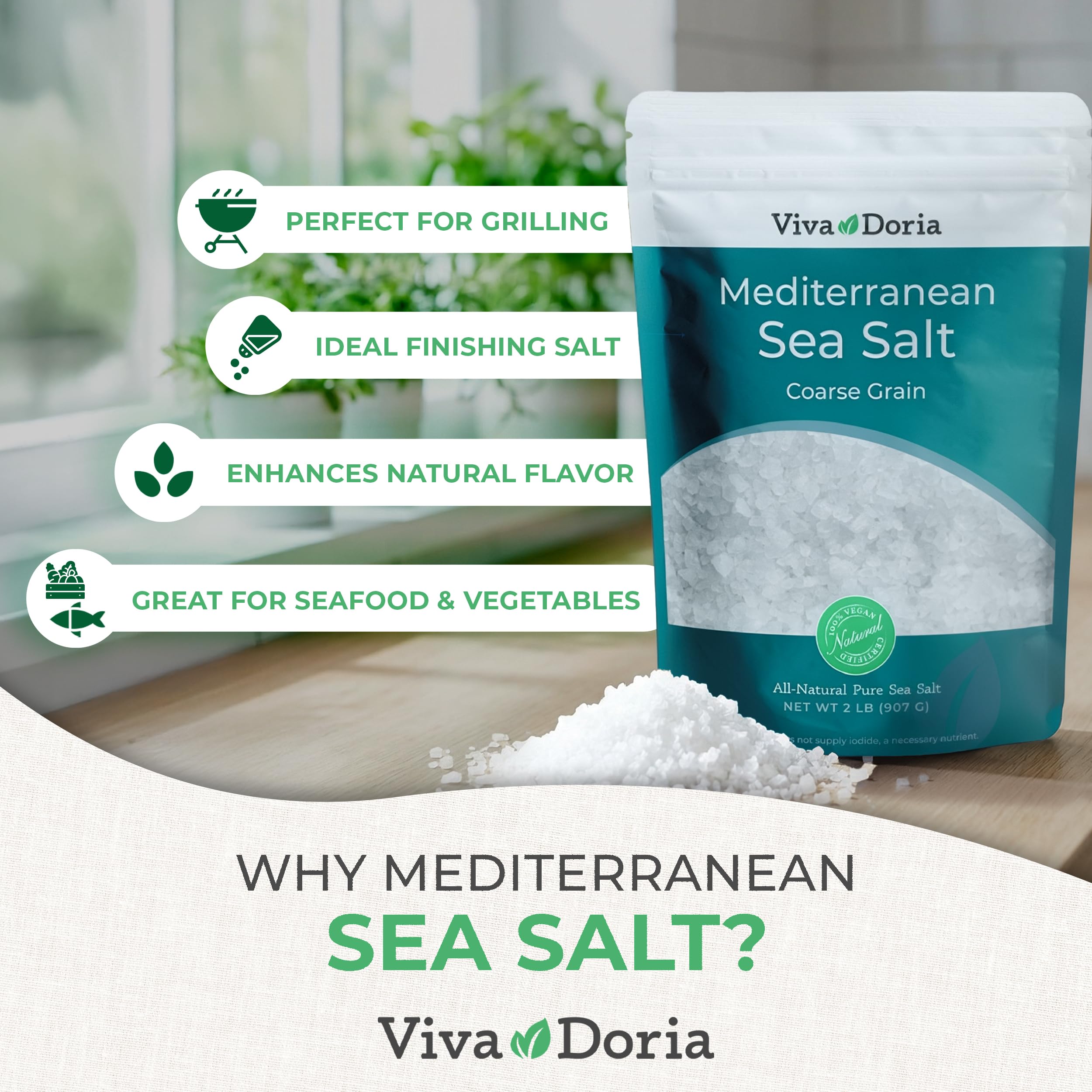 Viva Doria Mediterranean sea salt crystals close-up offering crunchy finishing flavor
