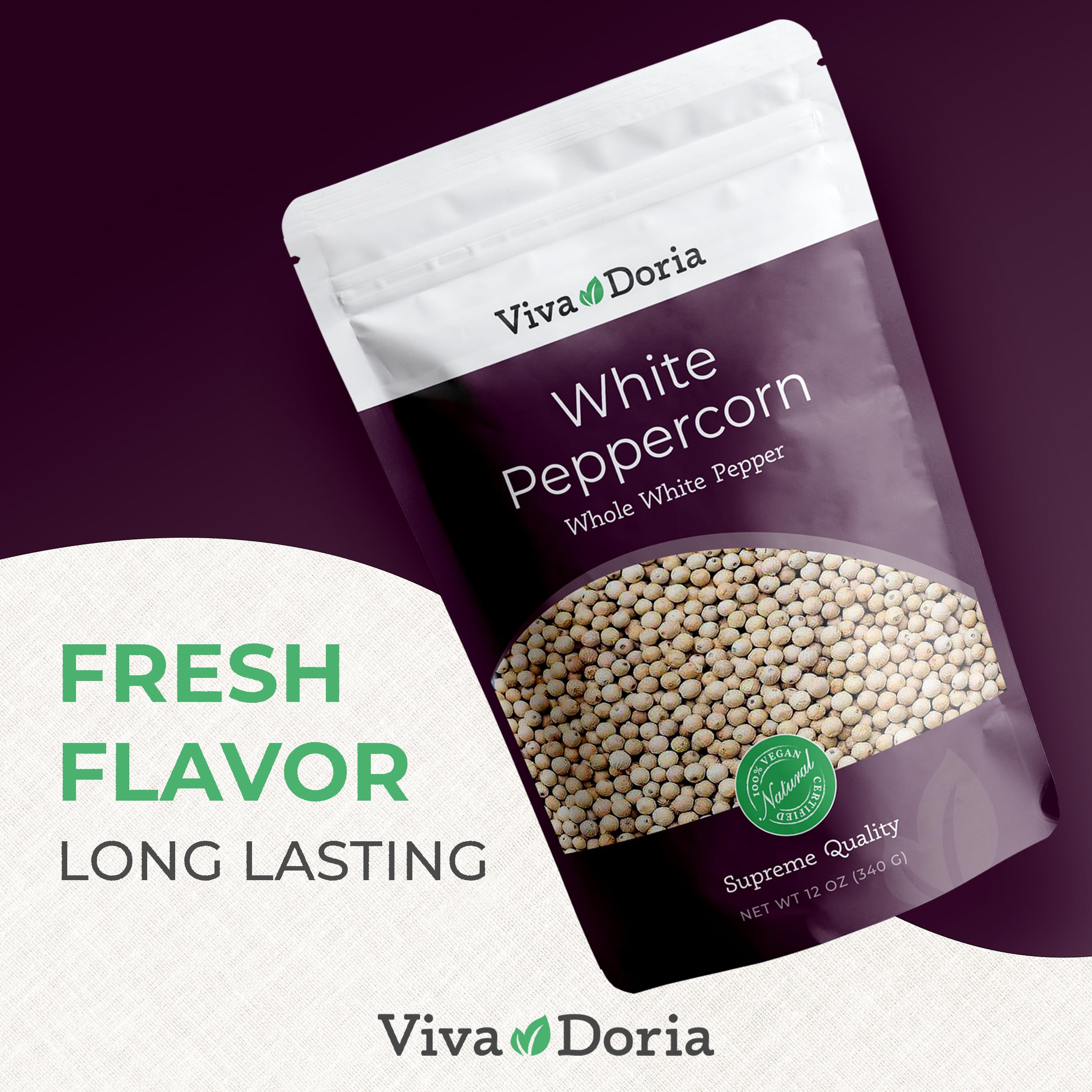Viva Doria peppercorns next to a measuring scoop showing 12 oz scale and kitchen-ready portion