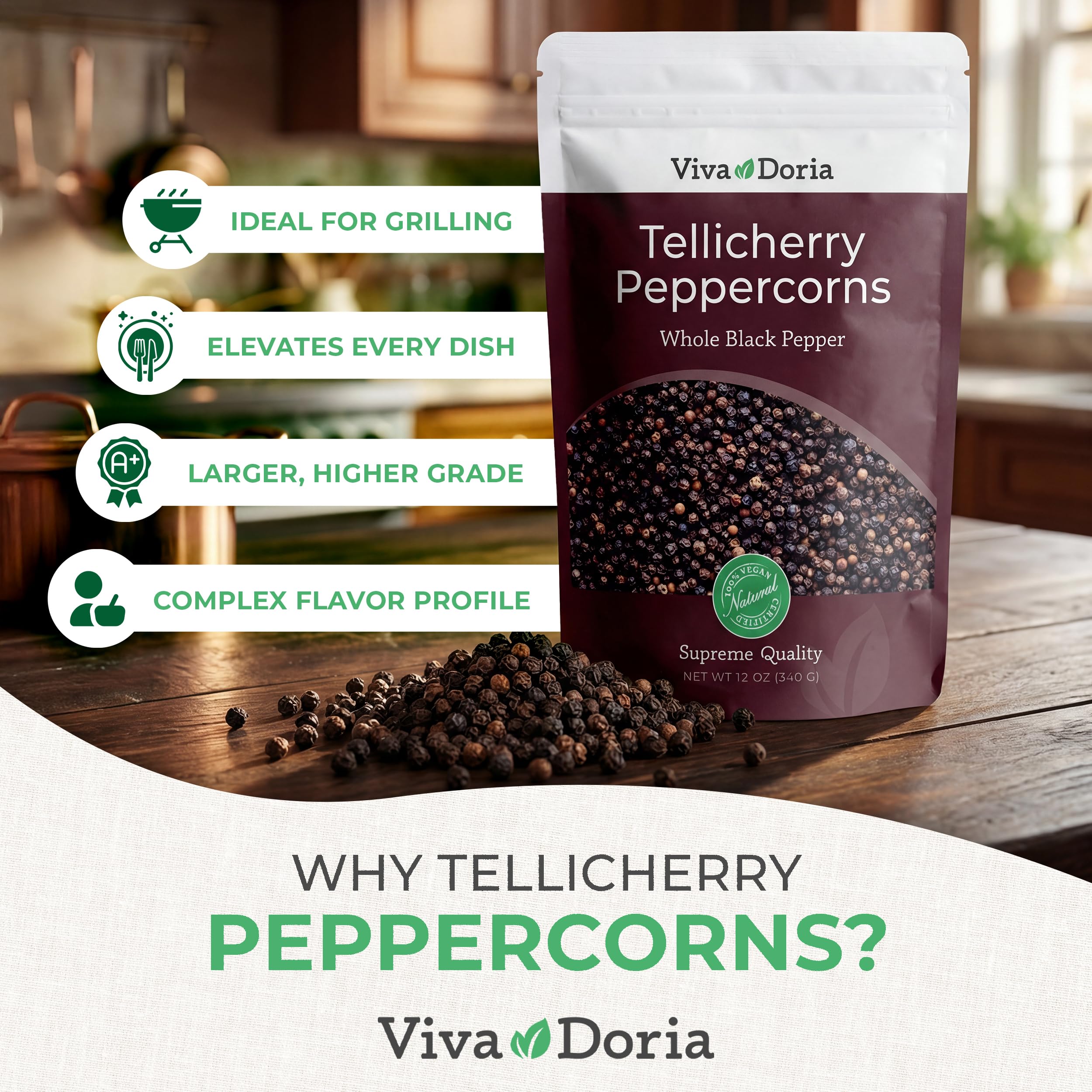 Viva Doria Tellicherry peppercorns close-up highlighting bold texture and aroma