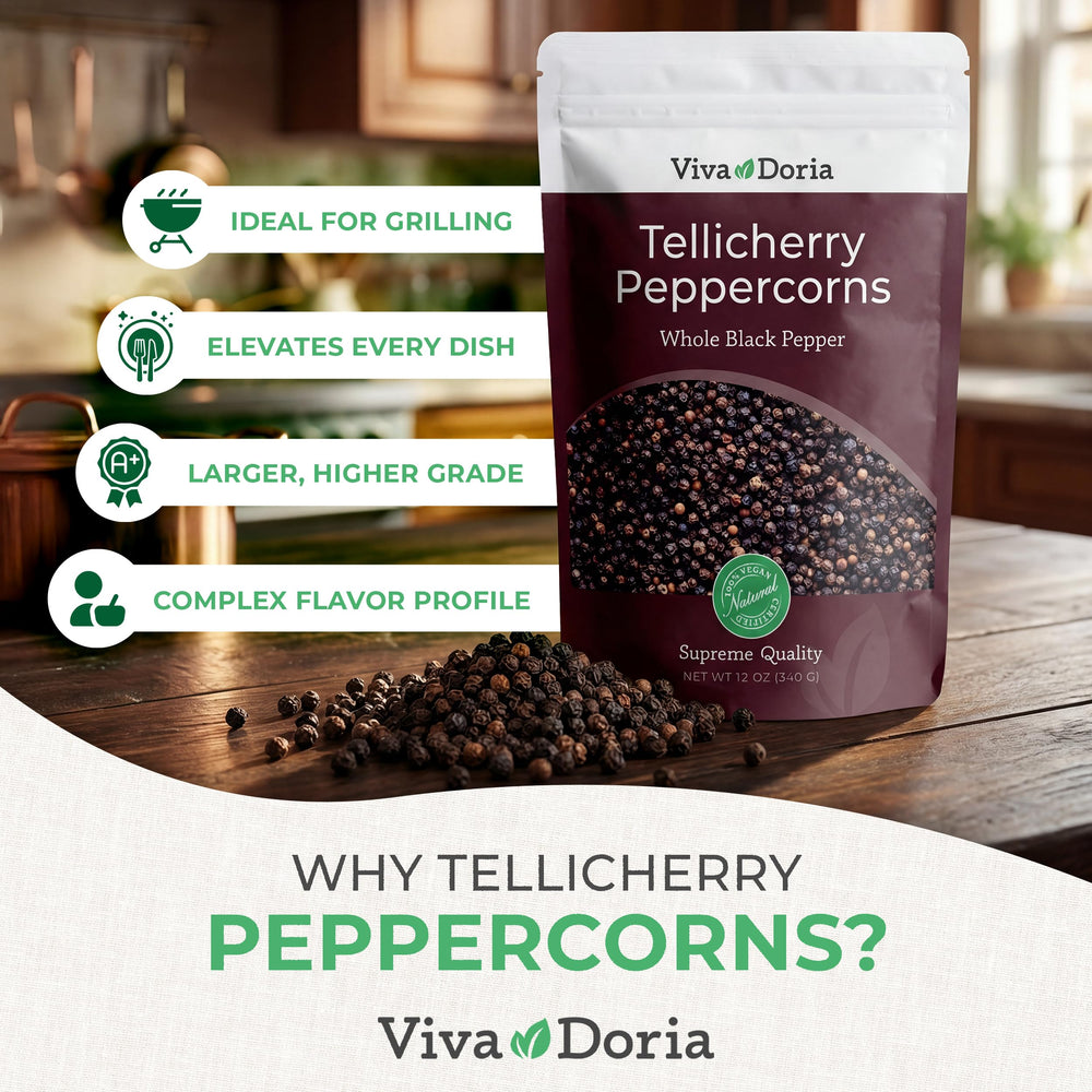 Viva Doria Tellicherry peppercorns close-up highlighting bold texture and aroma