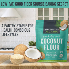 Viva Naturals baking ingredients flatlay with flour, eggs, and bowl for recipe inspiration