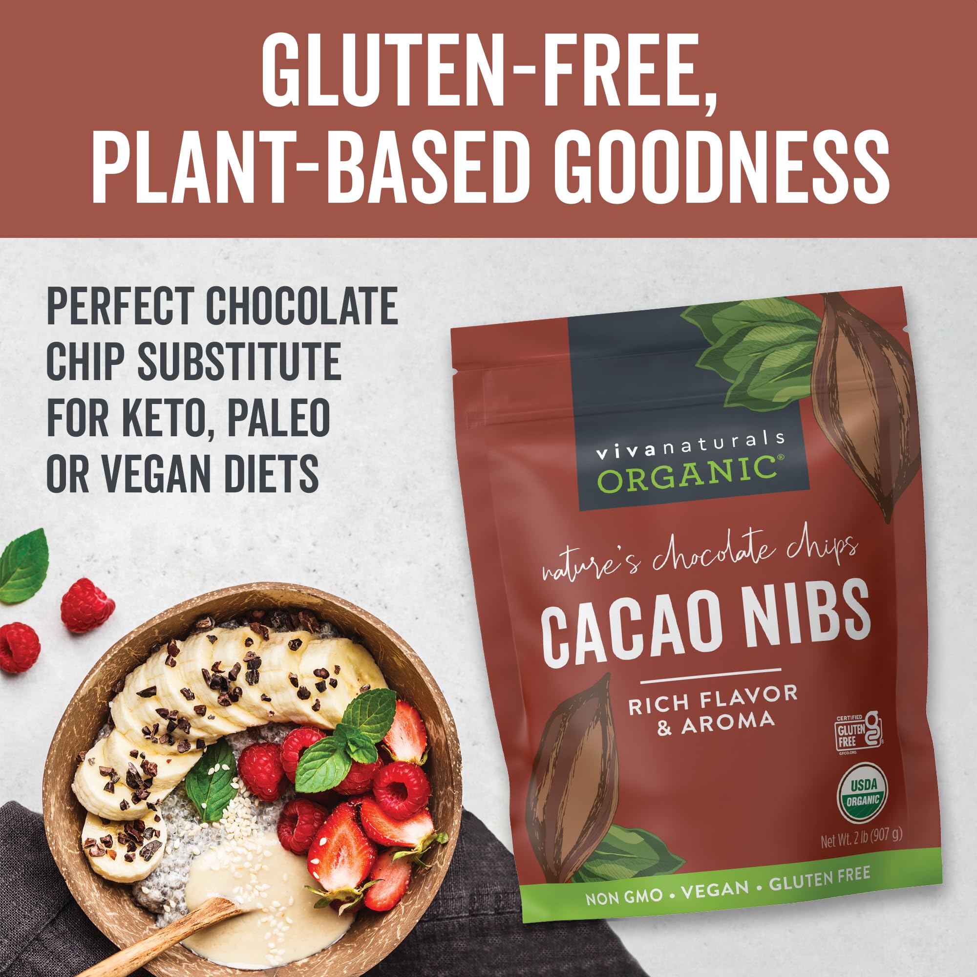 Bowl of yogurt topped with Viva Naturals nibs for crunchy chocolate boost
