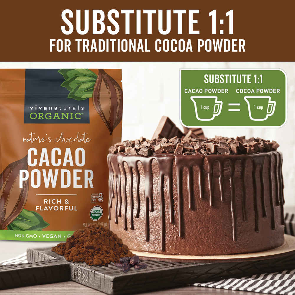 Viva Naturals cacao smoothie in glass showing creamy chocolate flavor