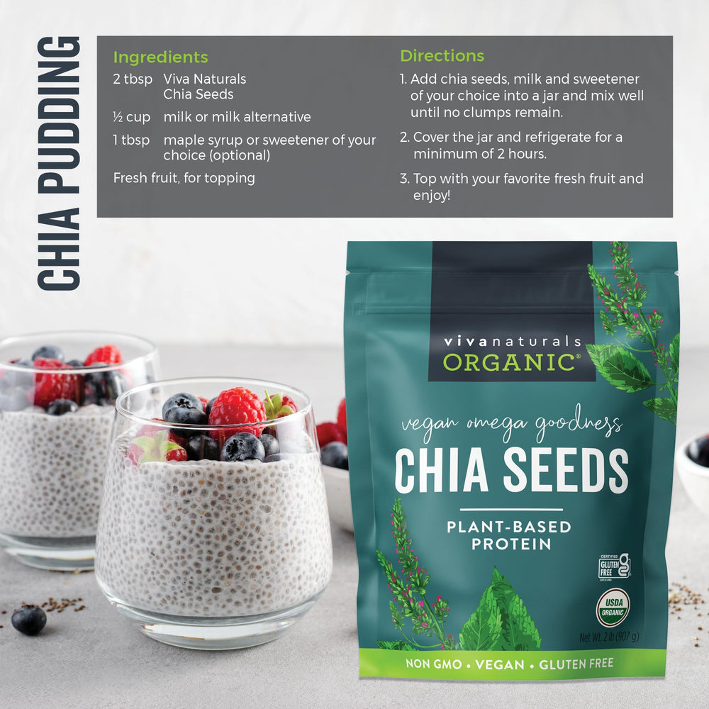 Viva Naturals chia seeds on measuring spoon showing portion size and simple serving