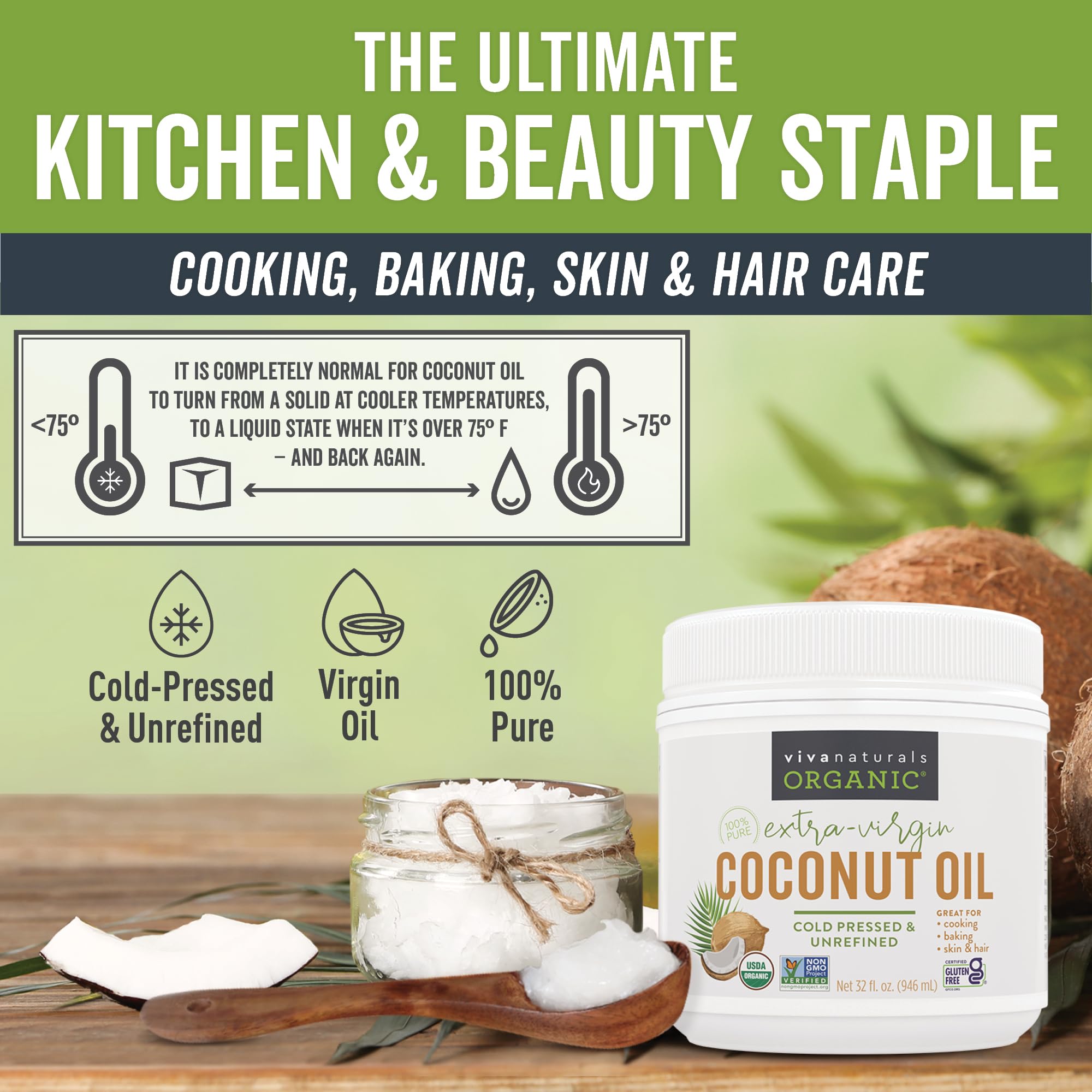 Viva Naturals jar open with creamy coconut oil texture for cooking and beauty