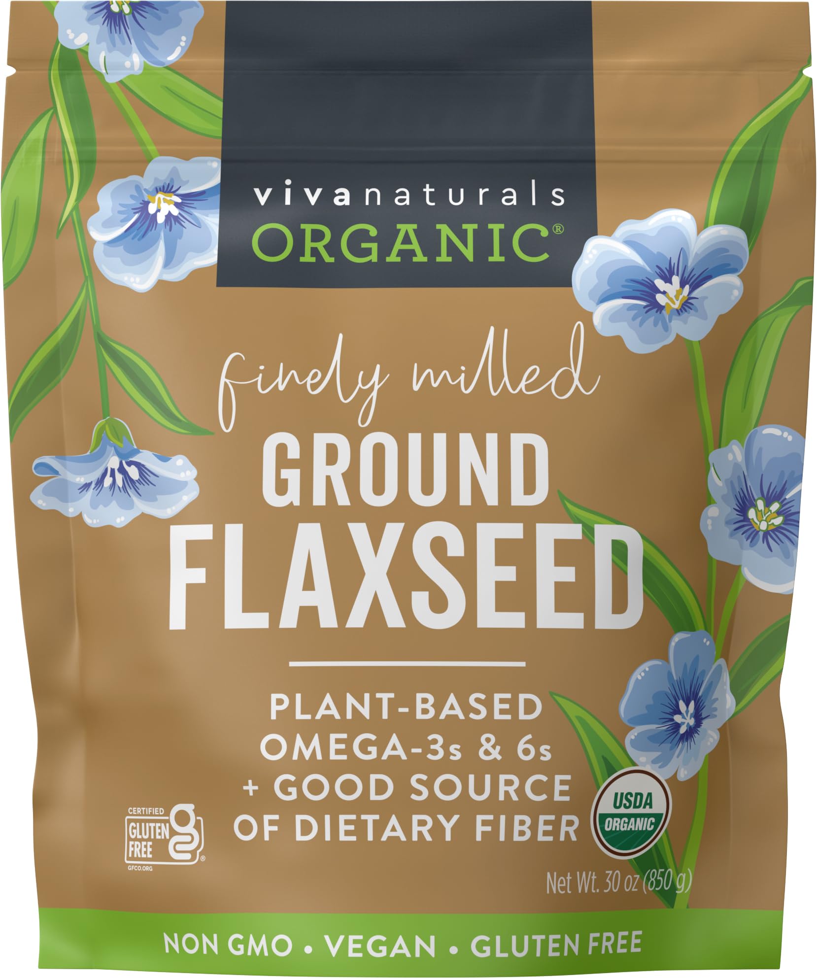 Viva Naturals front packaging showing 30 oz organic ground flaxseed, clear benefit convenience