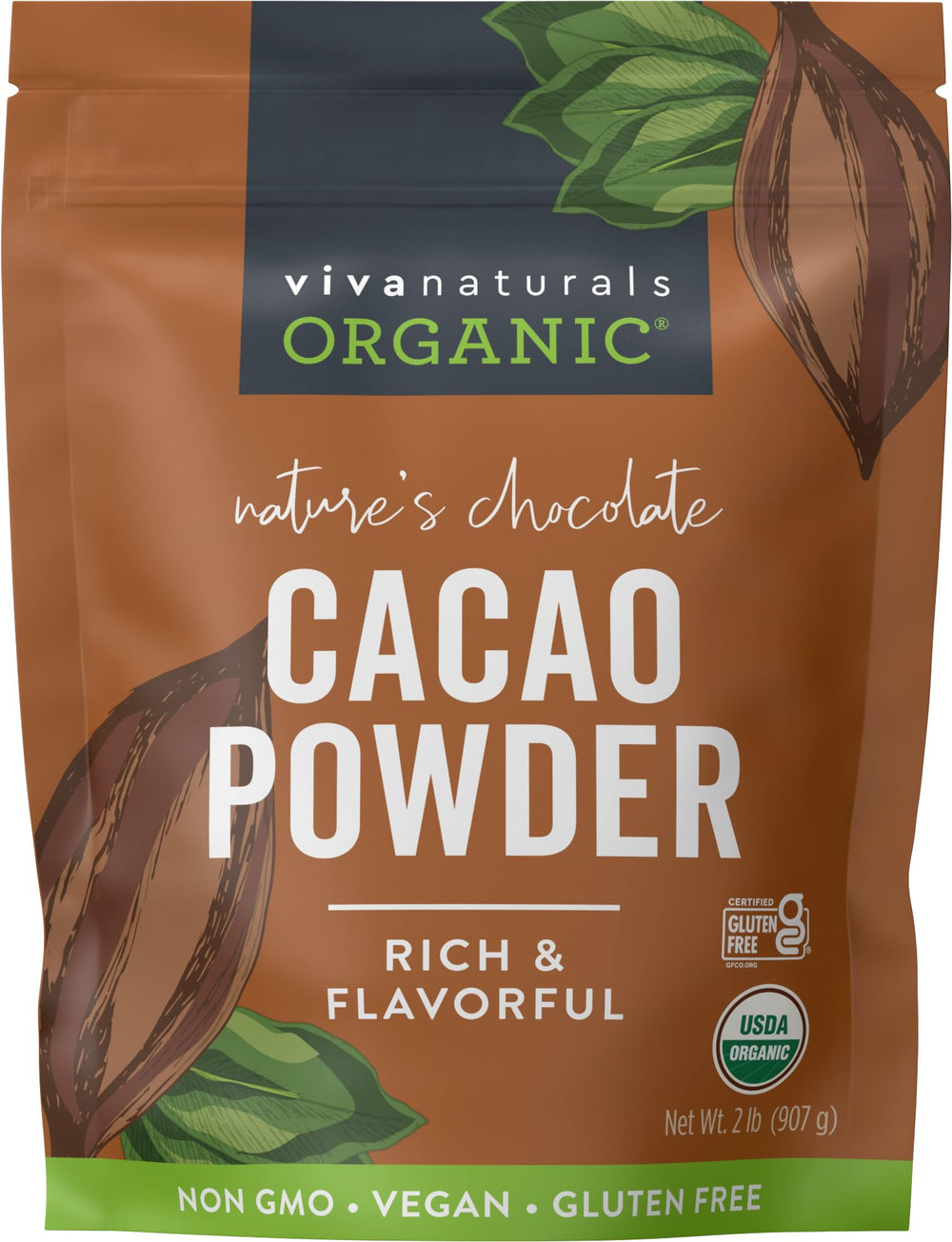 Viva Naturals front packaging showing organic cacao and benefits