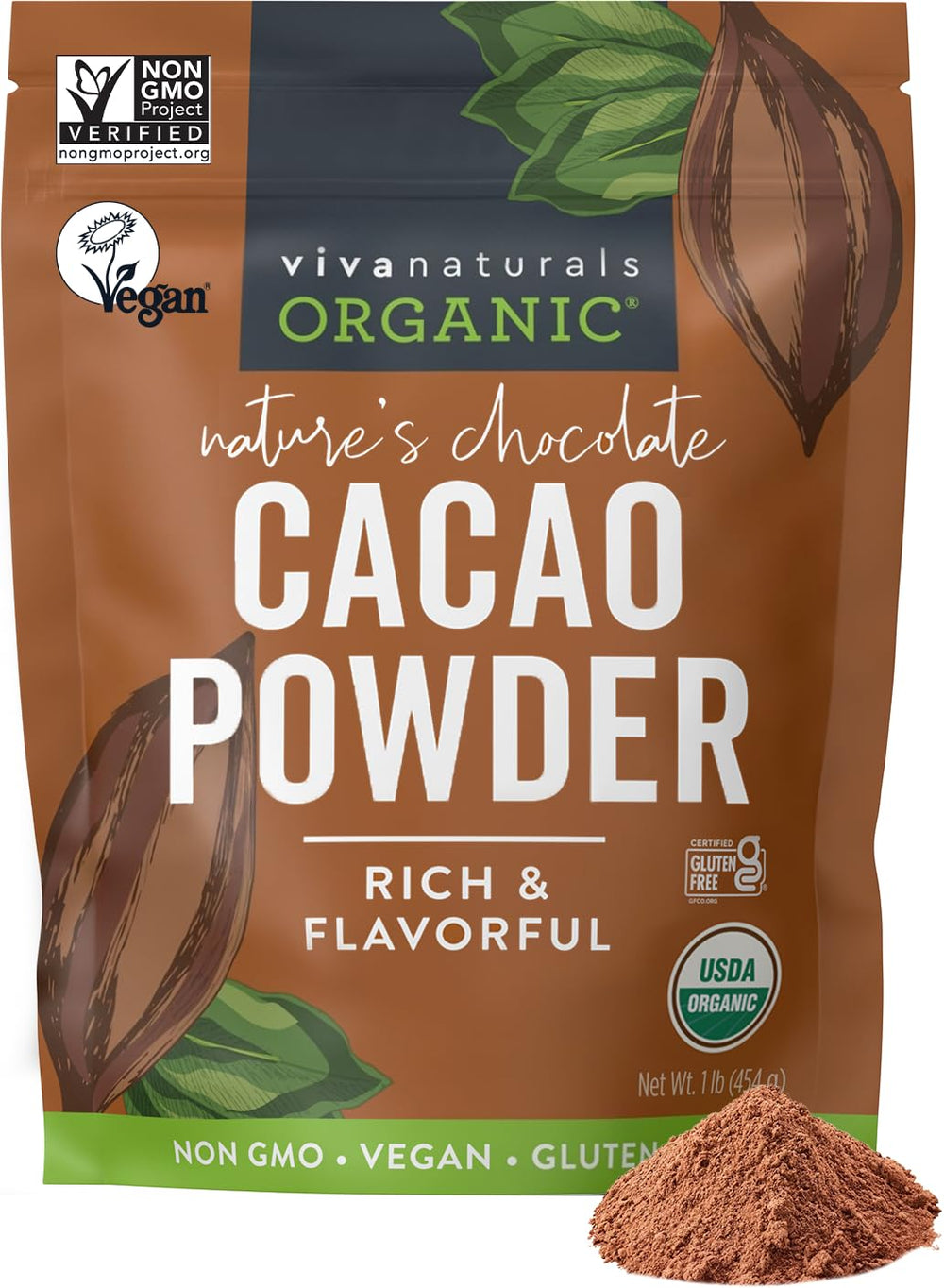 Viva Naturals front packaging showing organic cacao, highlights purity and pantry-ready benefit