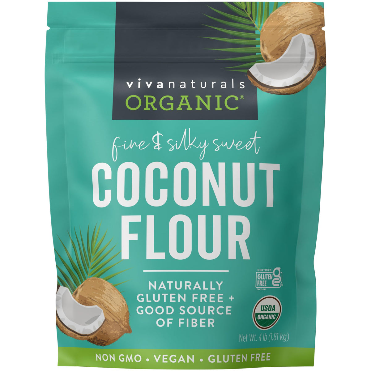 Viva Naturals front packaging showing 4 lb bag and organic label, helps shoppers trust quality