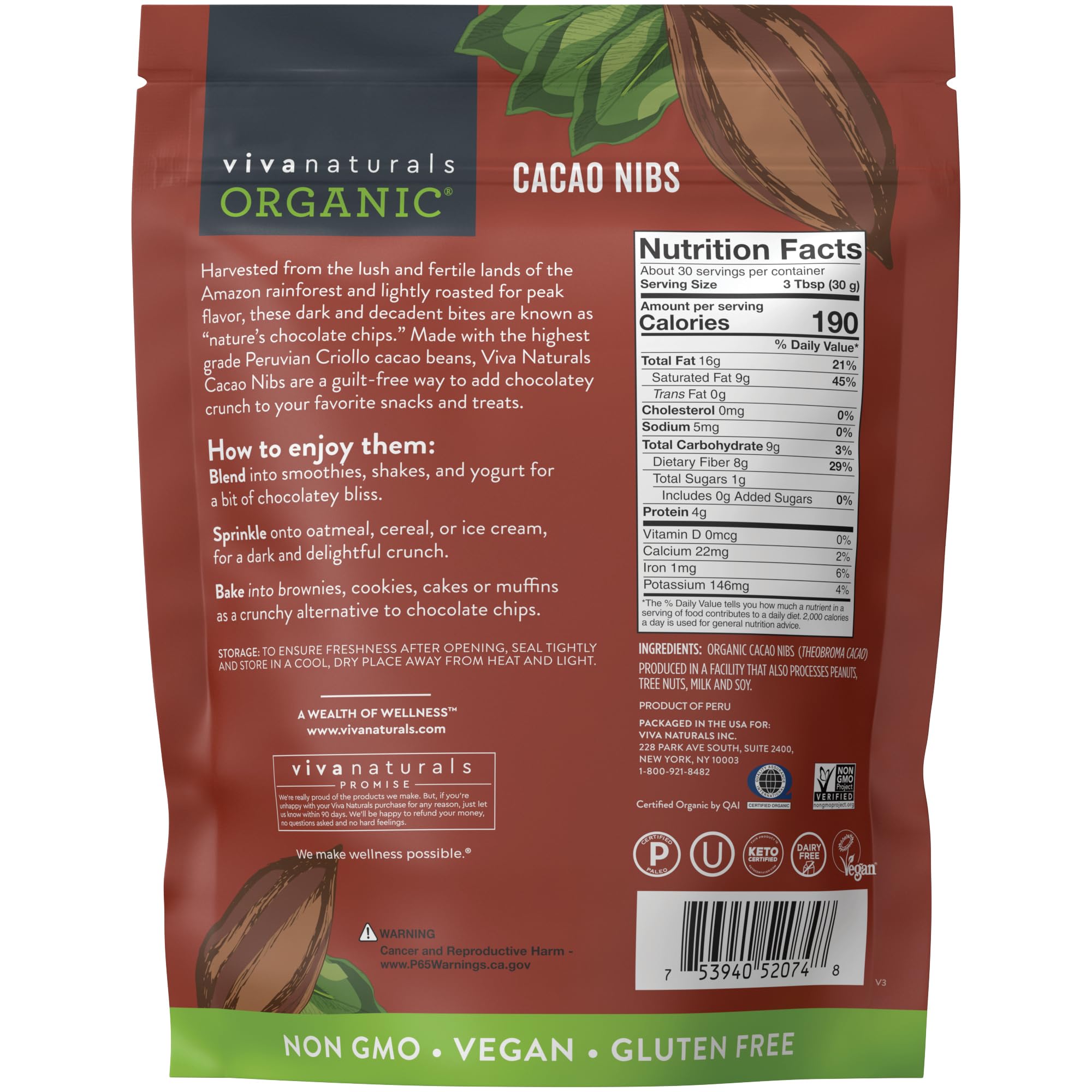 Viva Naturals label with organic, non-GMO, vegan certifications visible