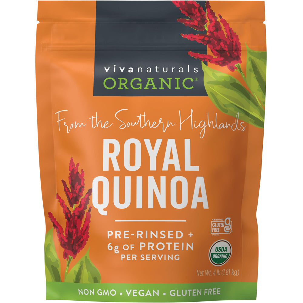 Viva Naturals front packaging showing 4 lb bag and clear quinoa view for pantry-ready convenience