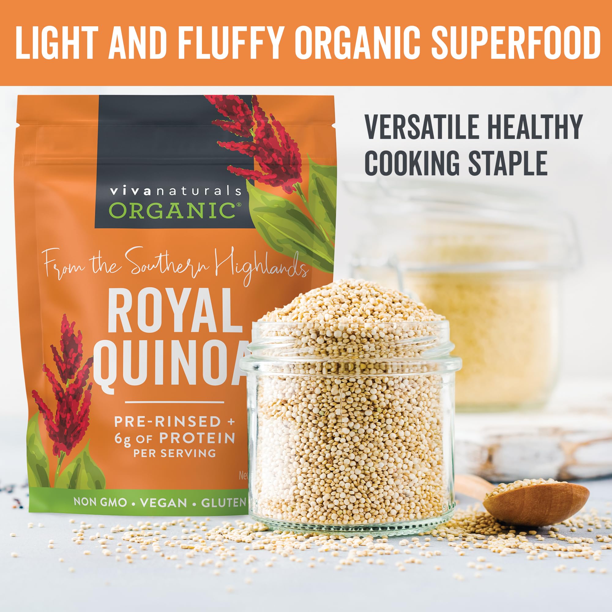 Close-up of Viva Naturals quinoa kernels in jar highlighting seed texture and easy rinsing benefit