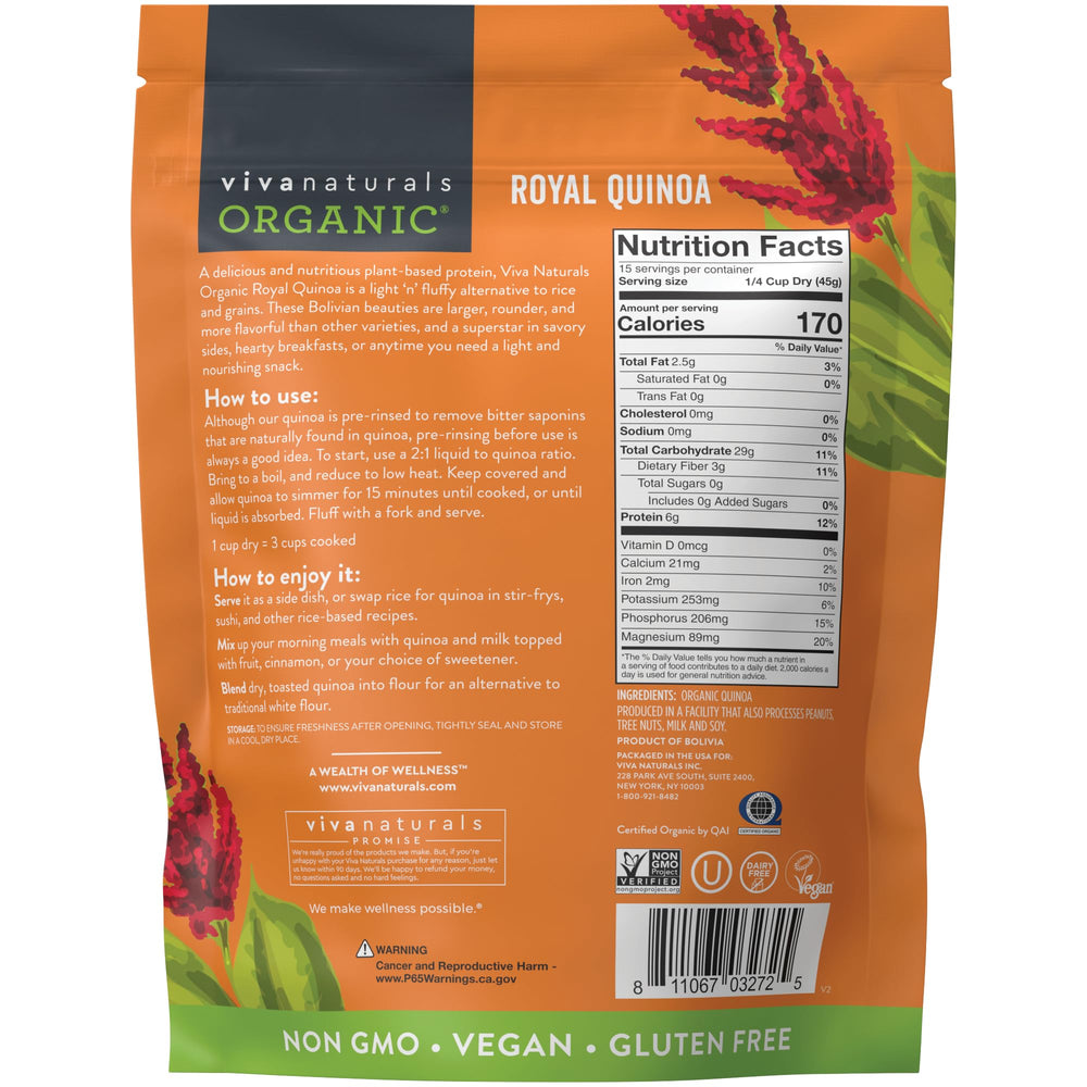 Viva Naturals quinoa bag with measuring cup showing package size advantage