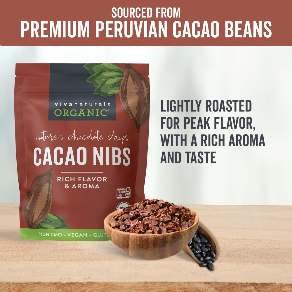 Spoonful of Viva Naturals nibs portioned for recipes and convenient use