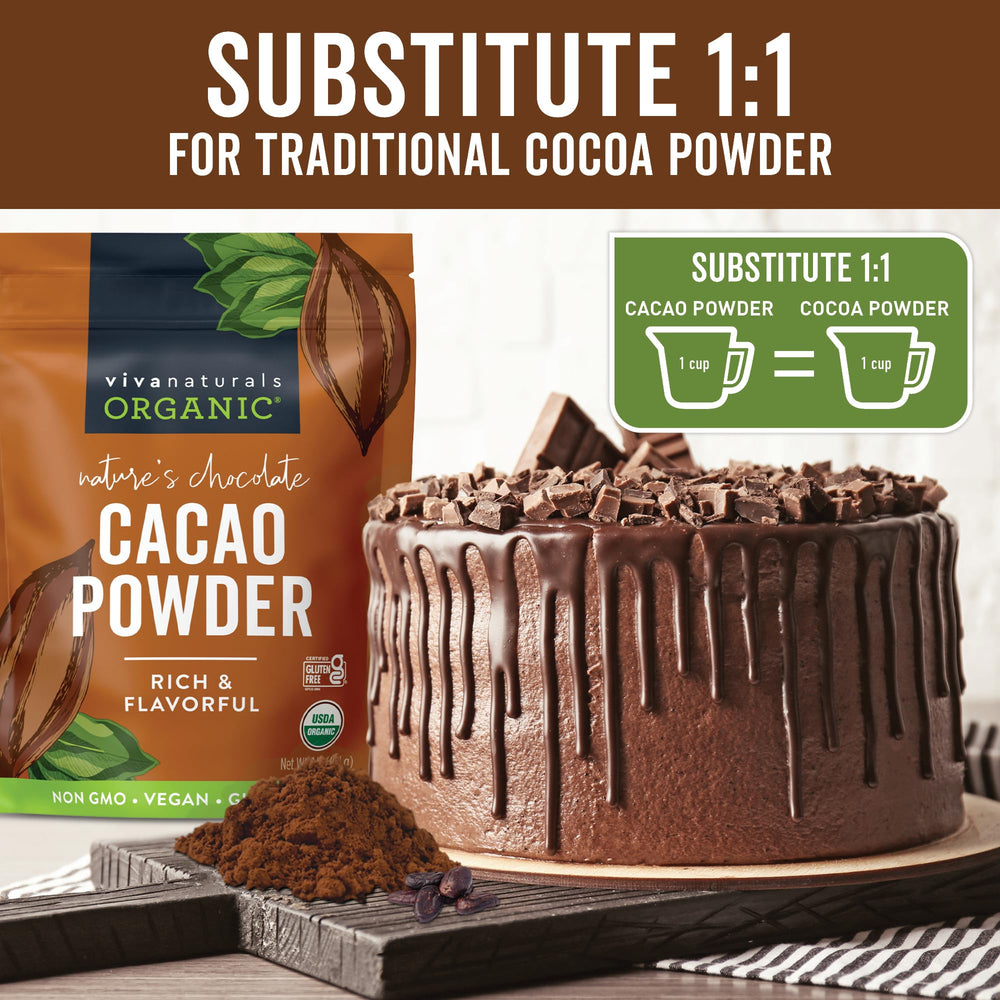 Viva Naturals spoon with cacao powder, ready to add for consistent recipe measurements benefit